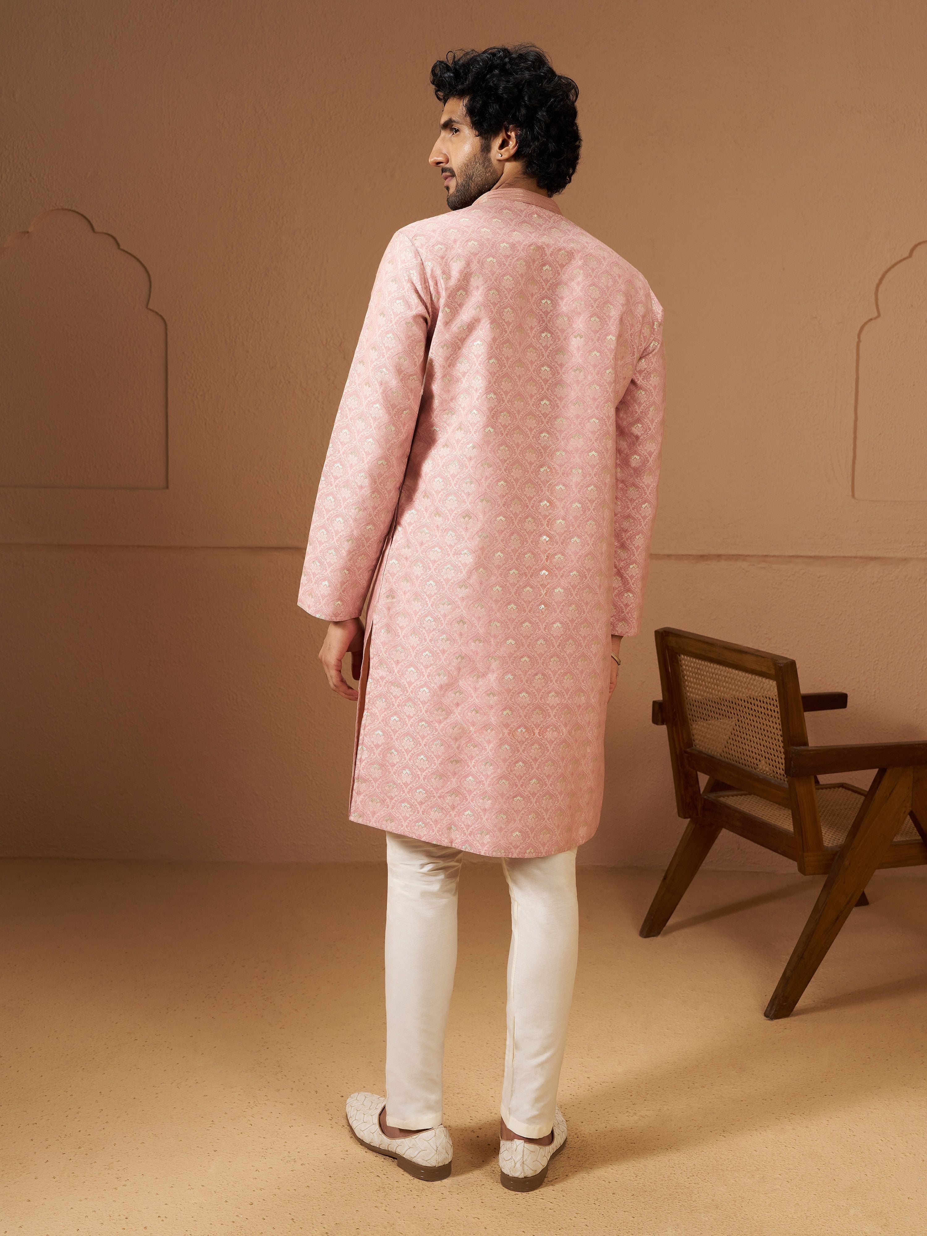 Men's Peach Silk-Blend Self Design Knee Length Kurta with Pyjama