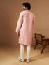 Men's Peach Silk-Blend Self Design Knee Length Kurta with Pyjama