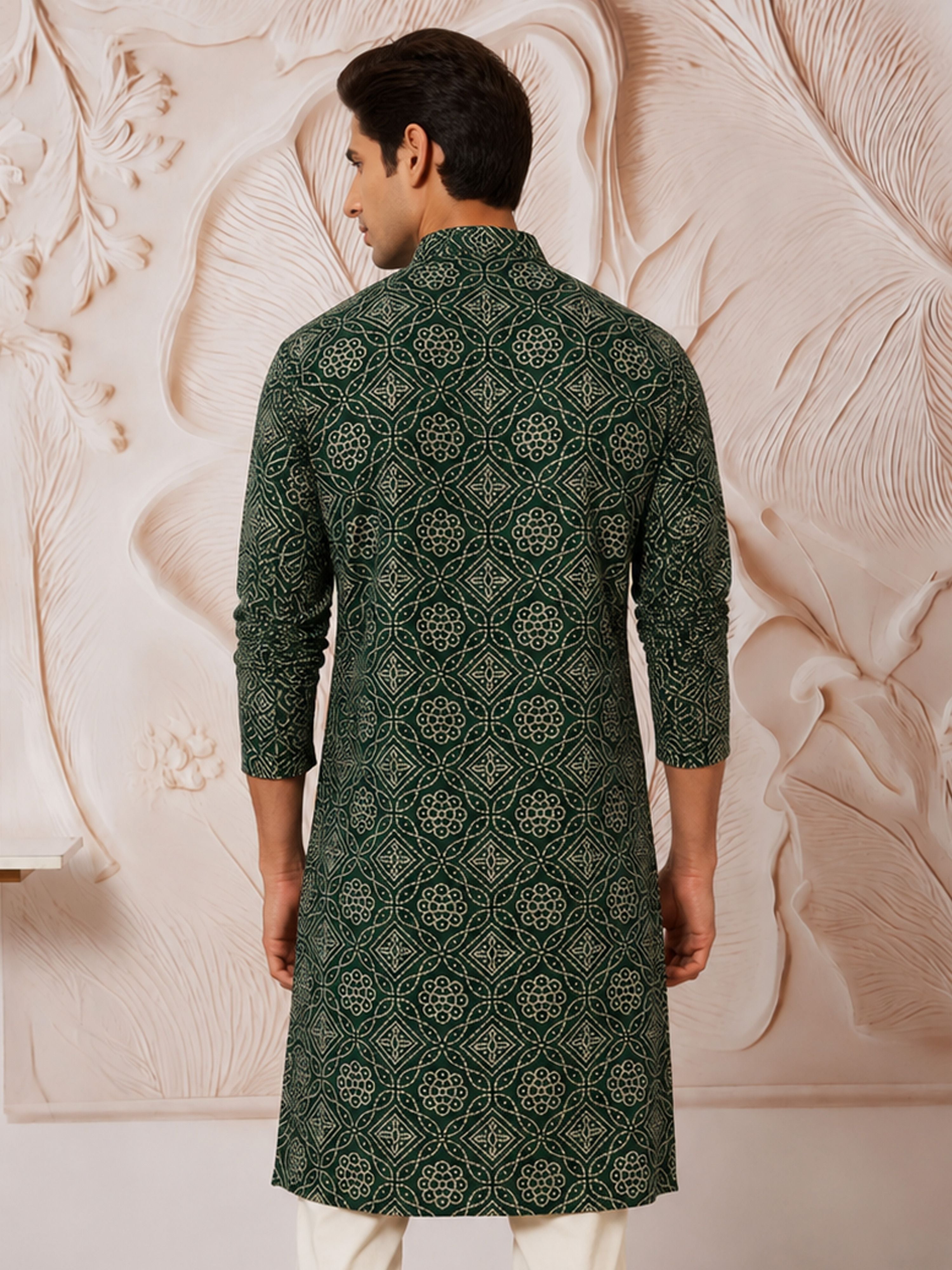 Men's Dark Green Rayon Digital Print Knee Length Kurta