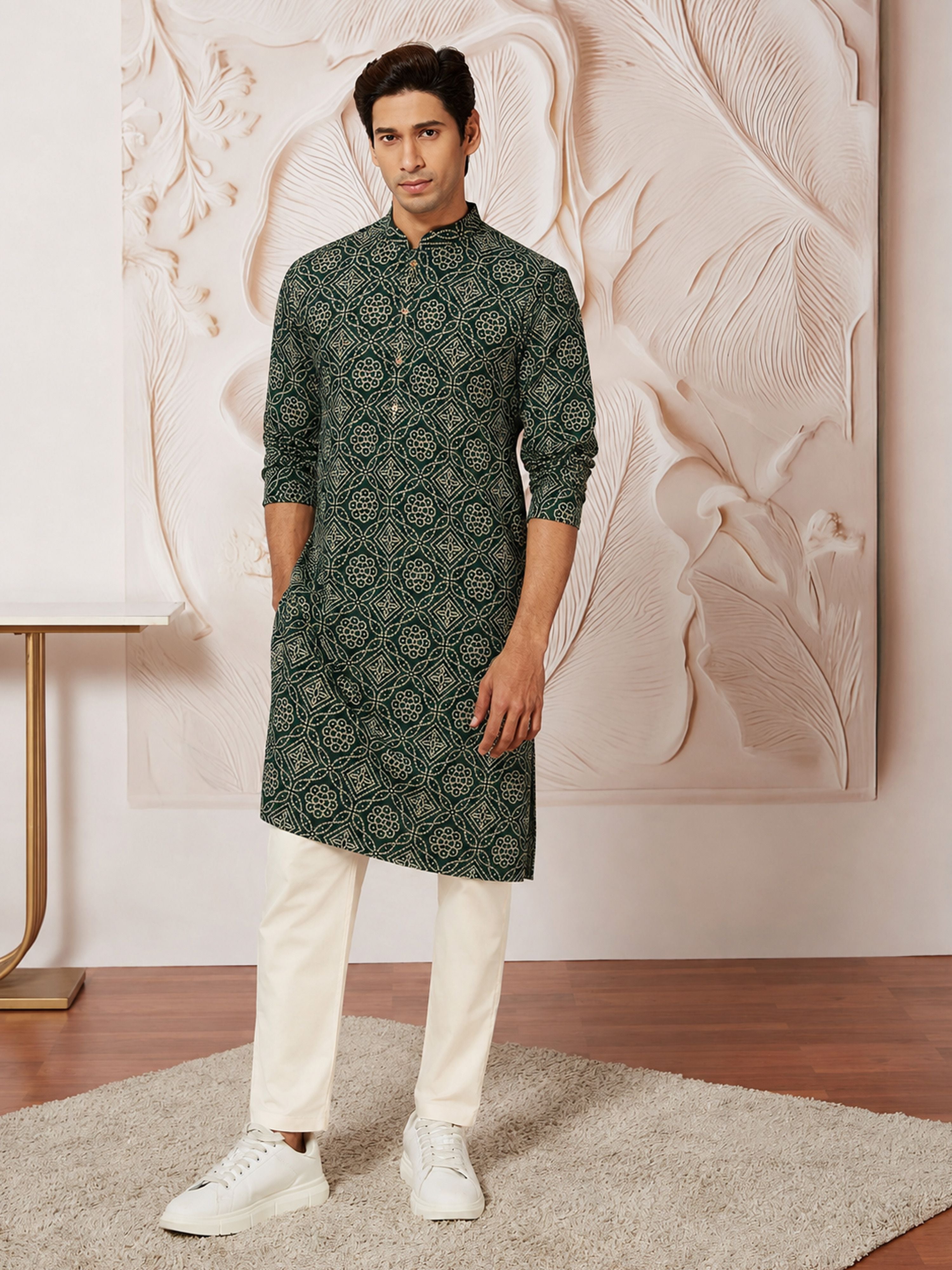 Men's Dark Green Rayon Digital Print Knee Length Kurta with Pyjama
