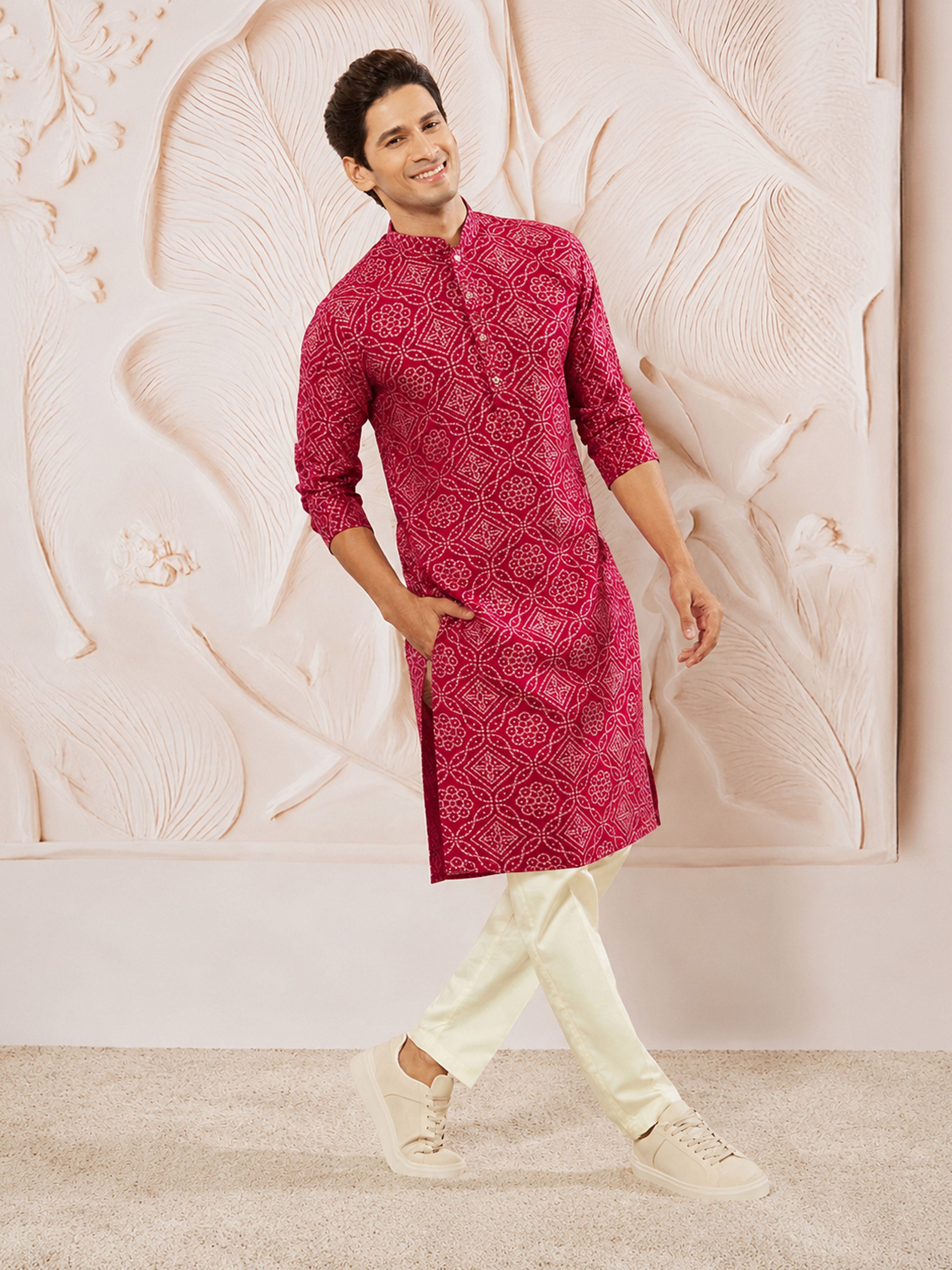 Men's Purple Rayon Foil Print Knee Length Kurta