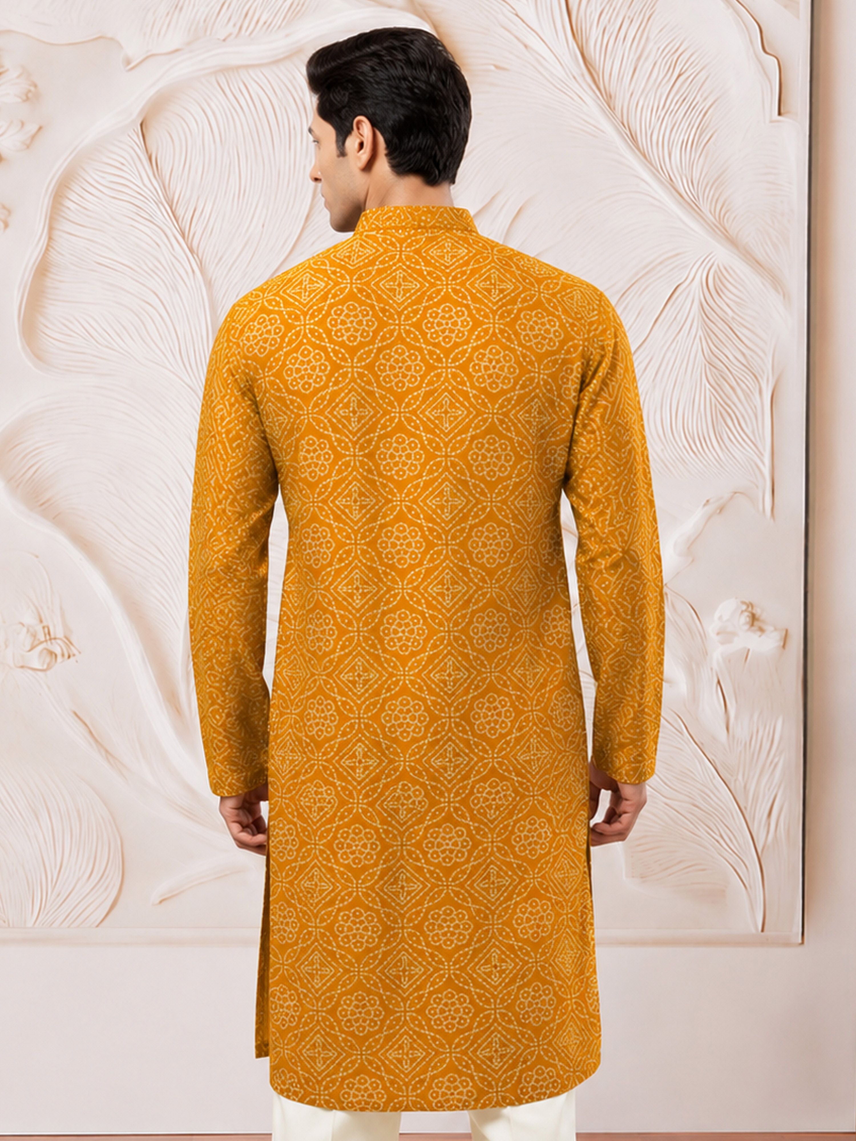 Men's Mustard Rayon Digital Print Knee Length Kurta