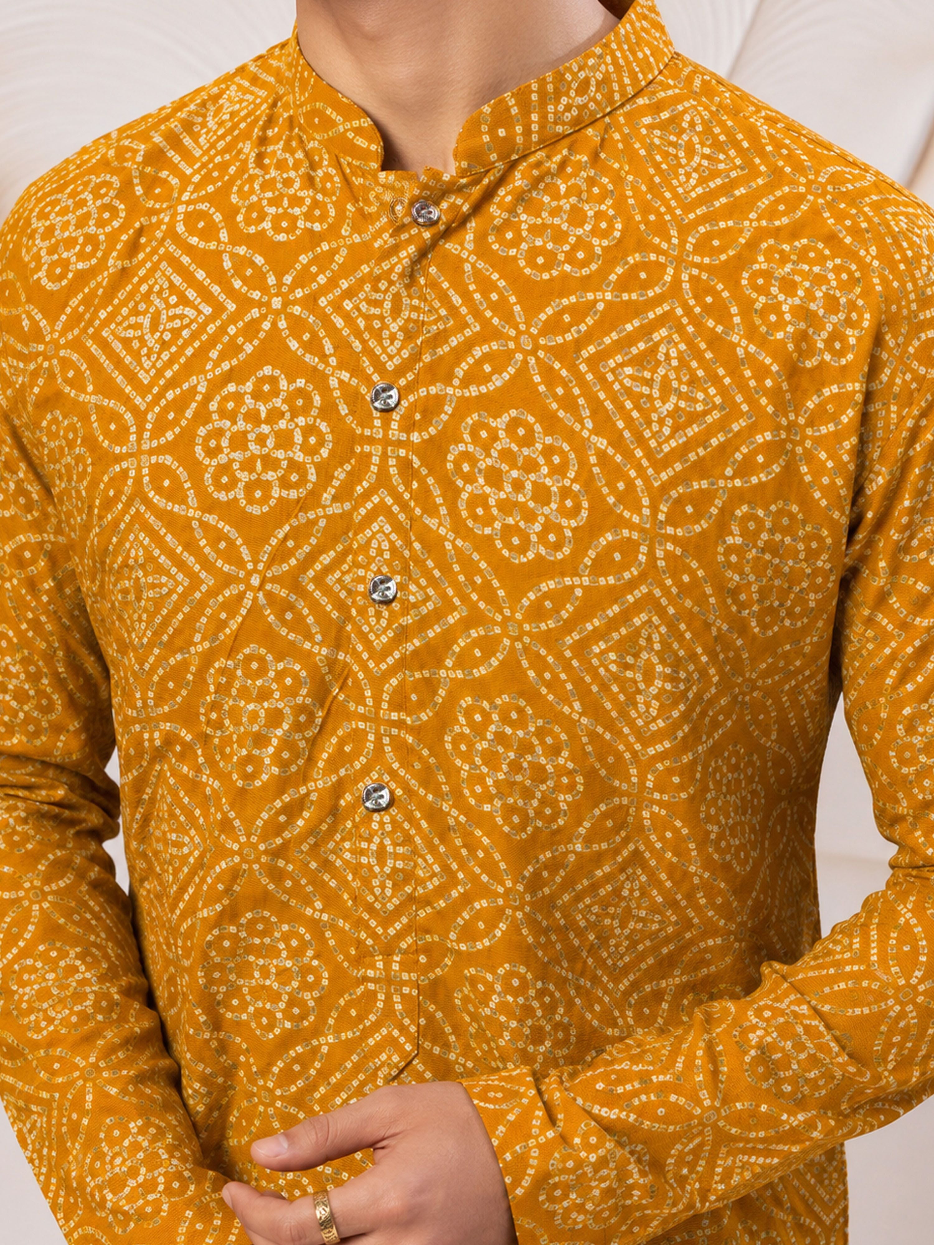 Men's Mustard Rayon Digital Print Knee Length Kurta with Pyjama