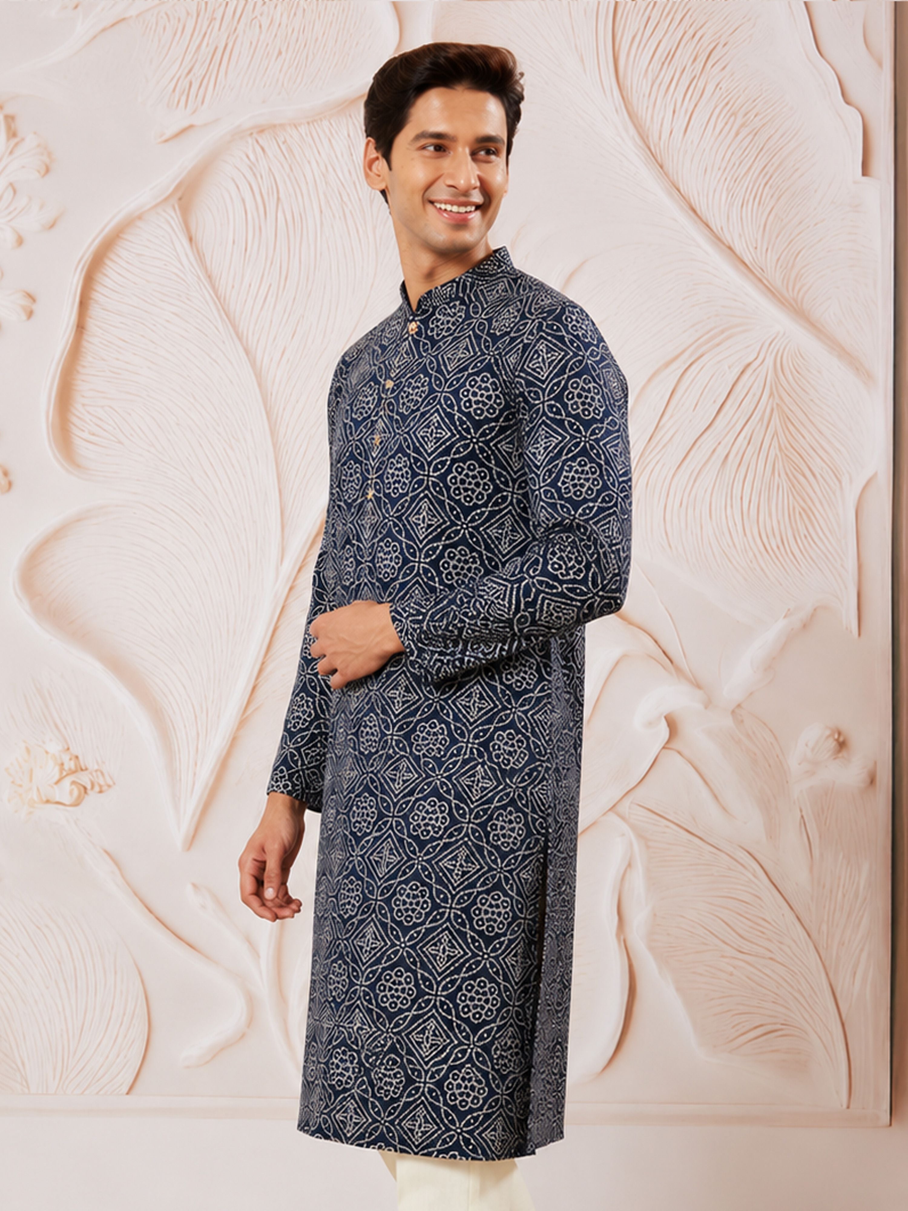 Men's Navy Blue Rayon Digital Print Knee Length Kurta