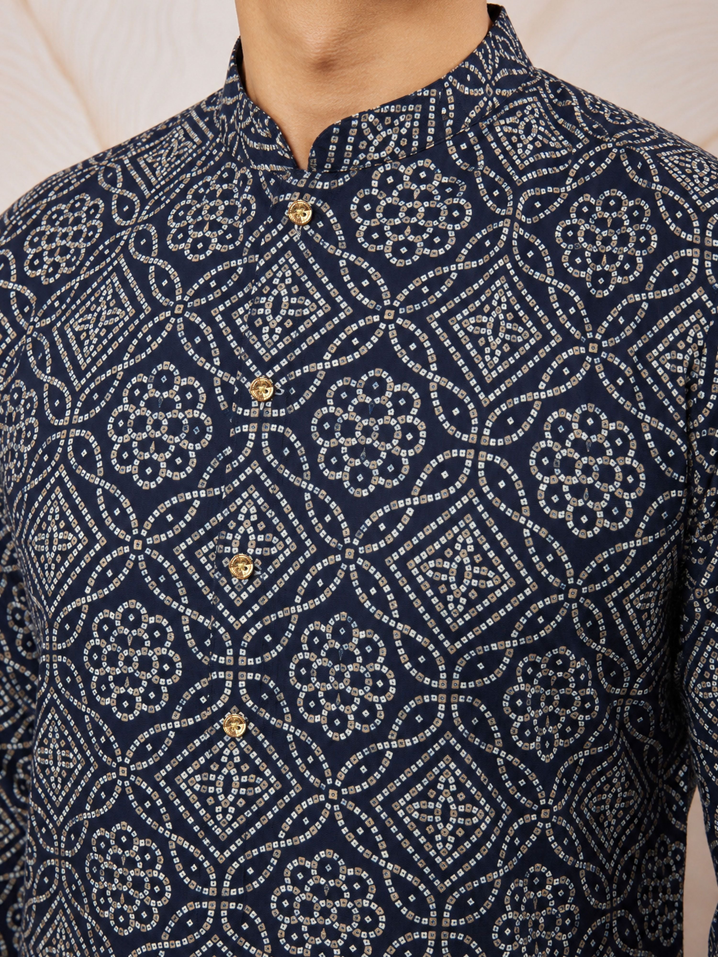 Men's Navy Blue Rayon Digital Print Knee Length Kurta with Pyjama