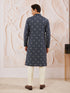 Men's Navy Blue Rayon Digital Print Knee Length Kurta with Pyjama