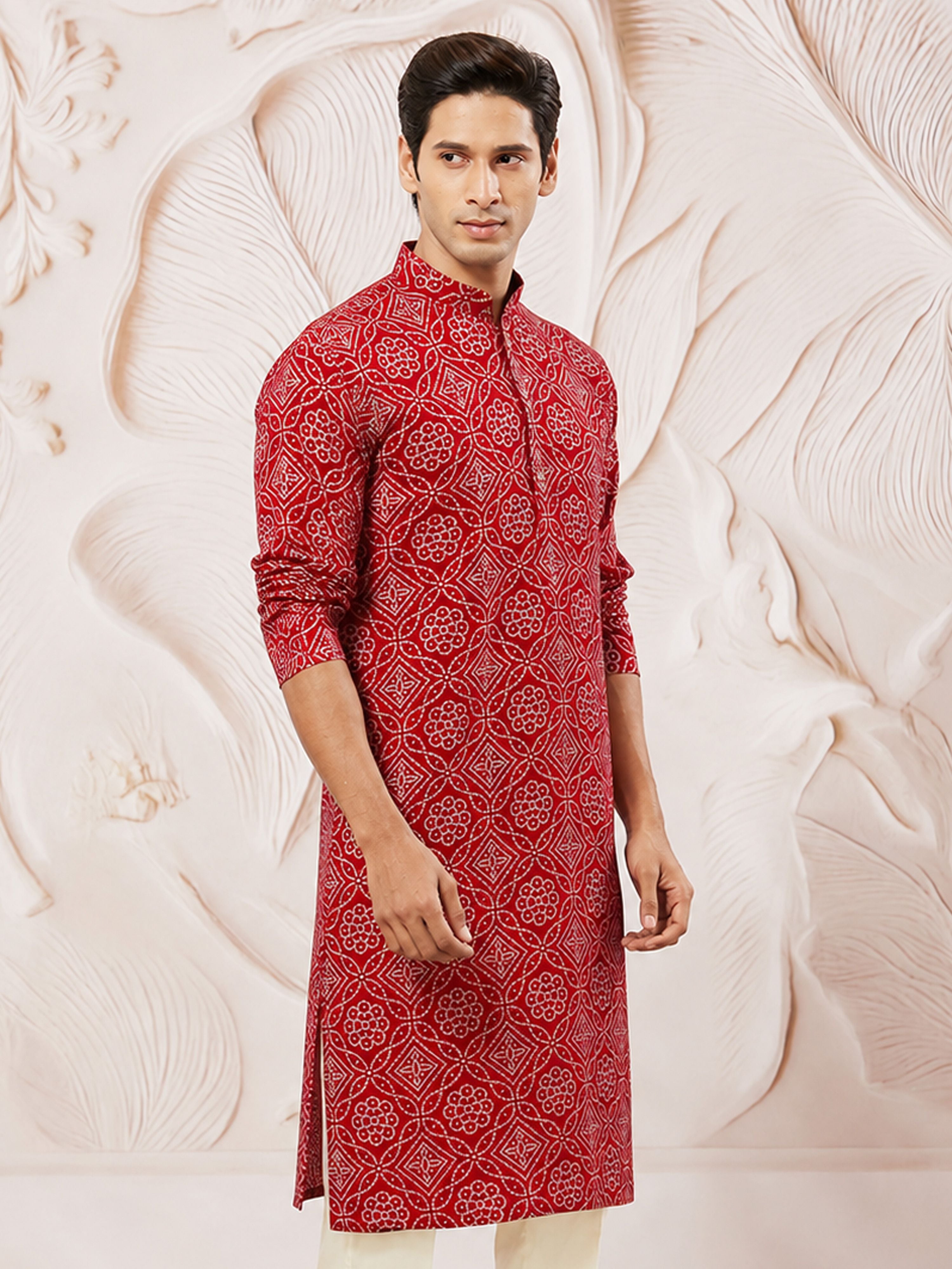 Men's Red Rayon Digital Print Knee Length Kurta