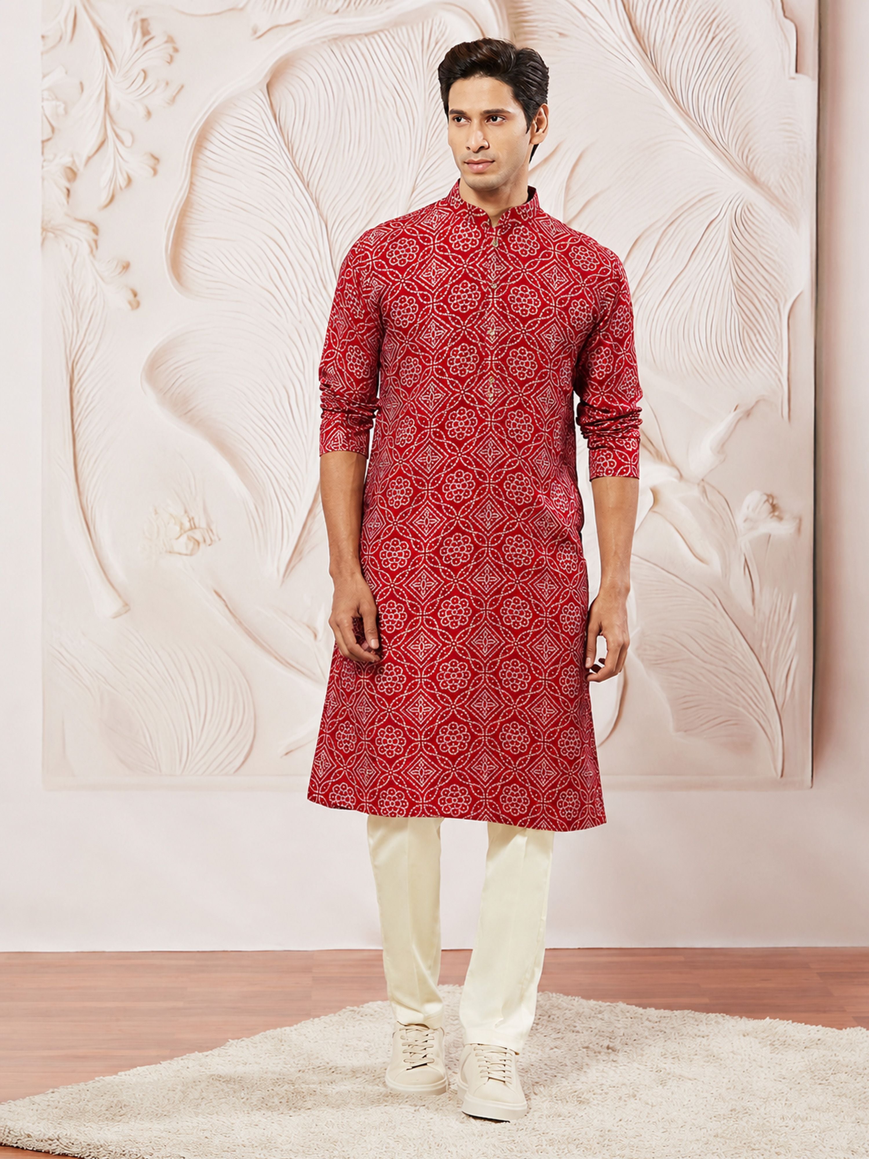 Men's Red Rayon Digital Print Knee Length Kurta with Pyjama