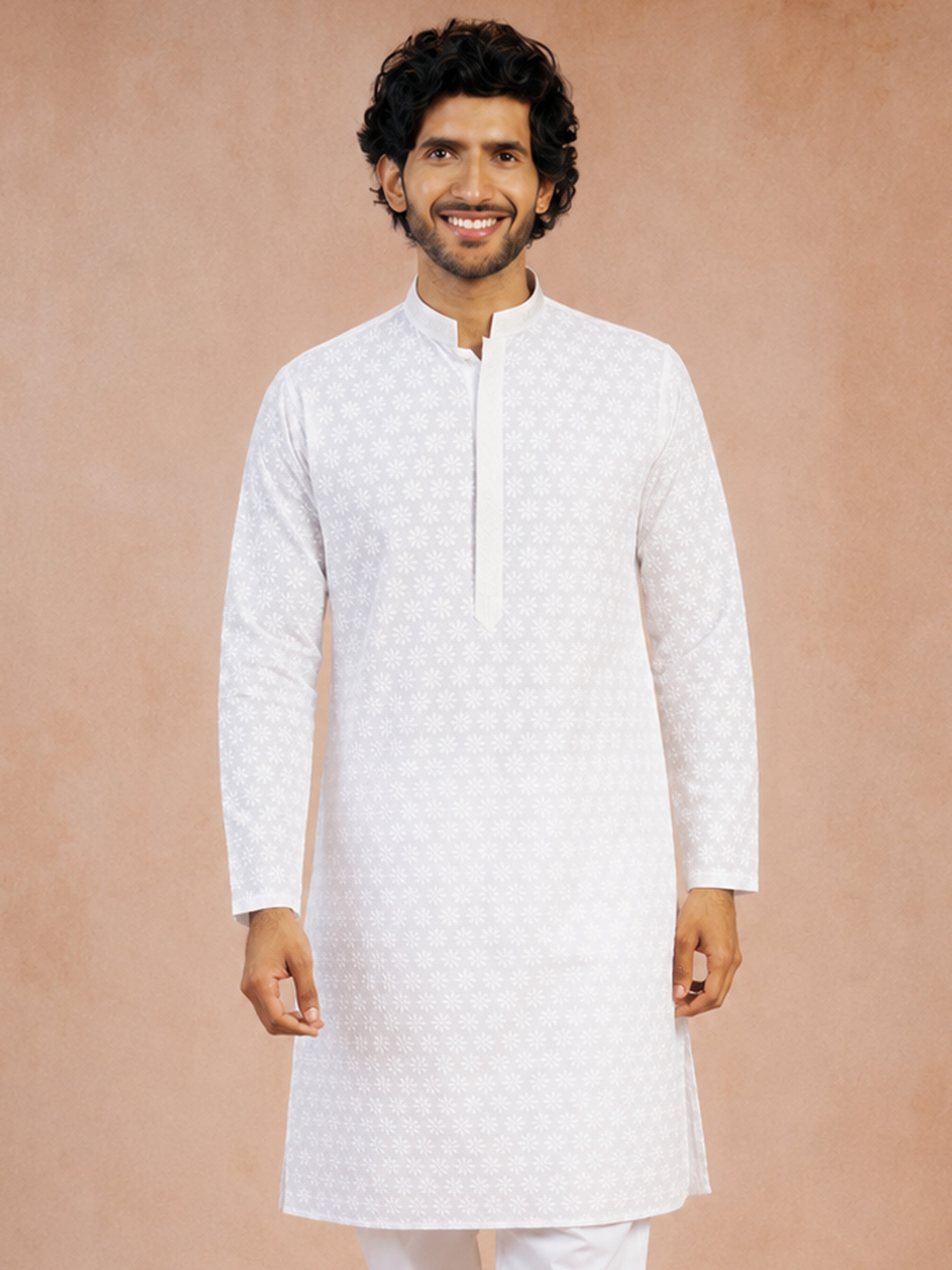 Men White Cotton Chikankari Floral Embroidered Long Kurta