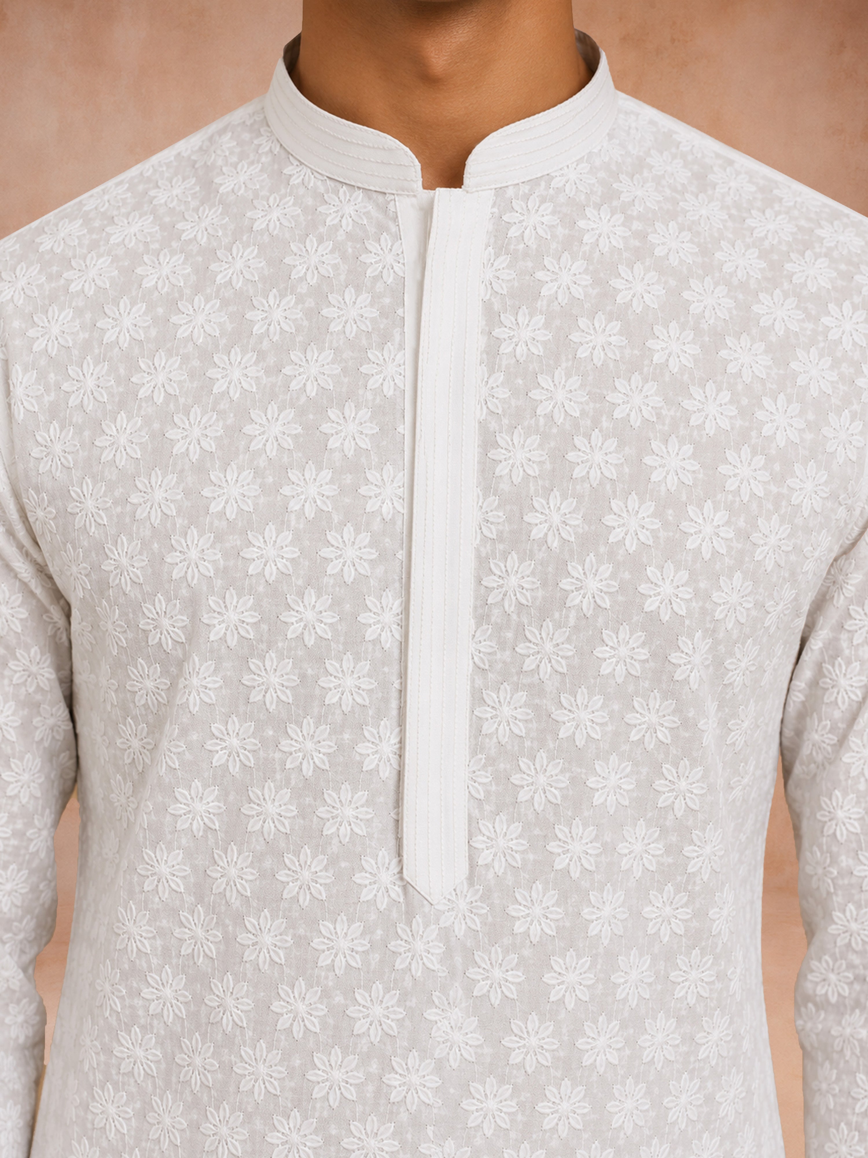 Men White Chikankari Cotton Kurta with Pyjama Set