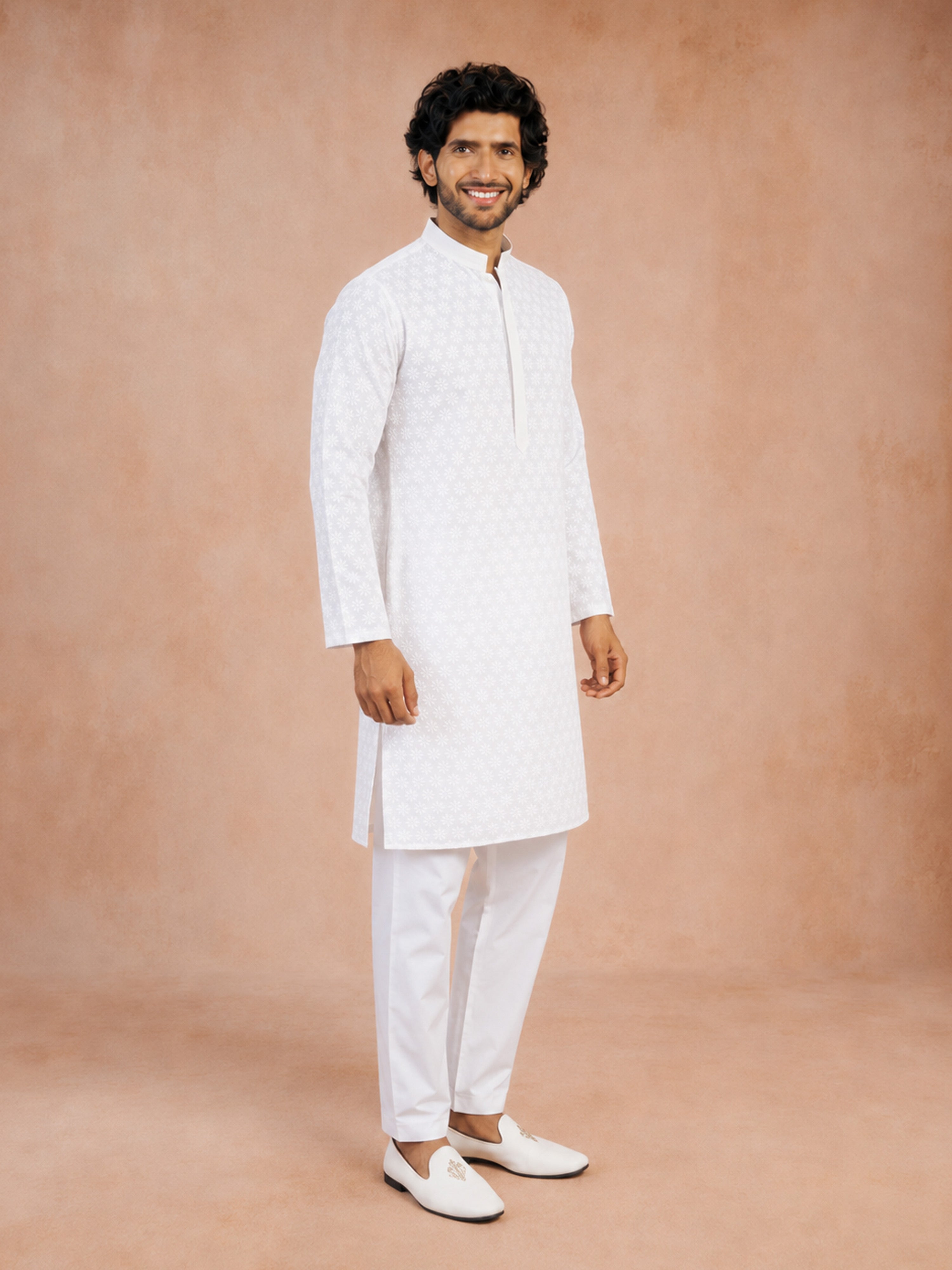 Men White Chikankari Cotton Kurta with Pyjama Set