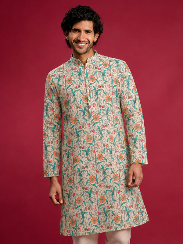 Men Cream Cotton Kurta Festive, Diwali Ethnic Wear