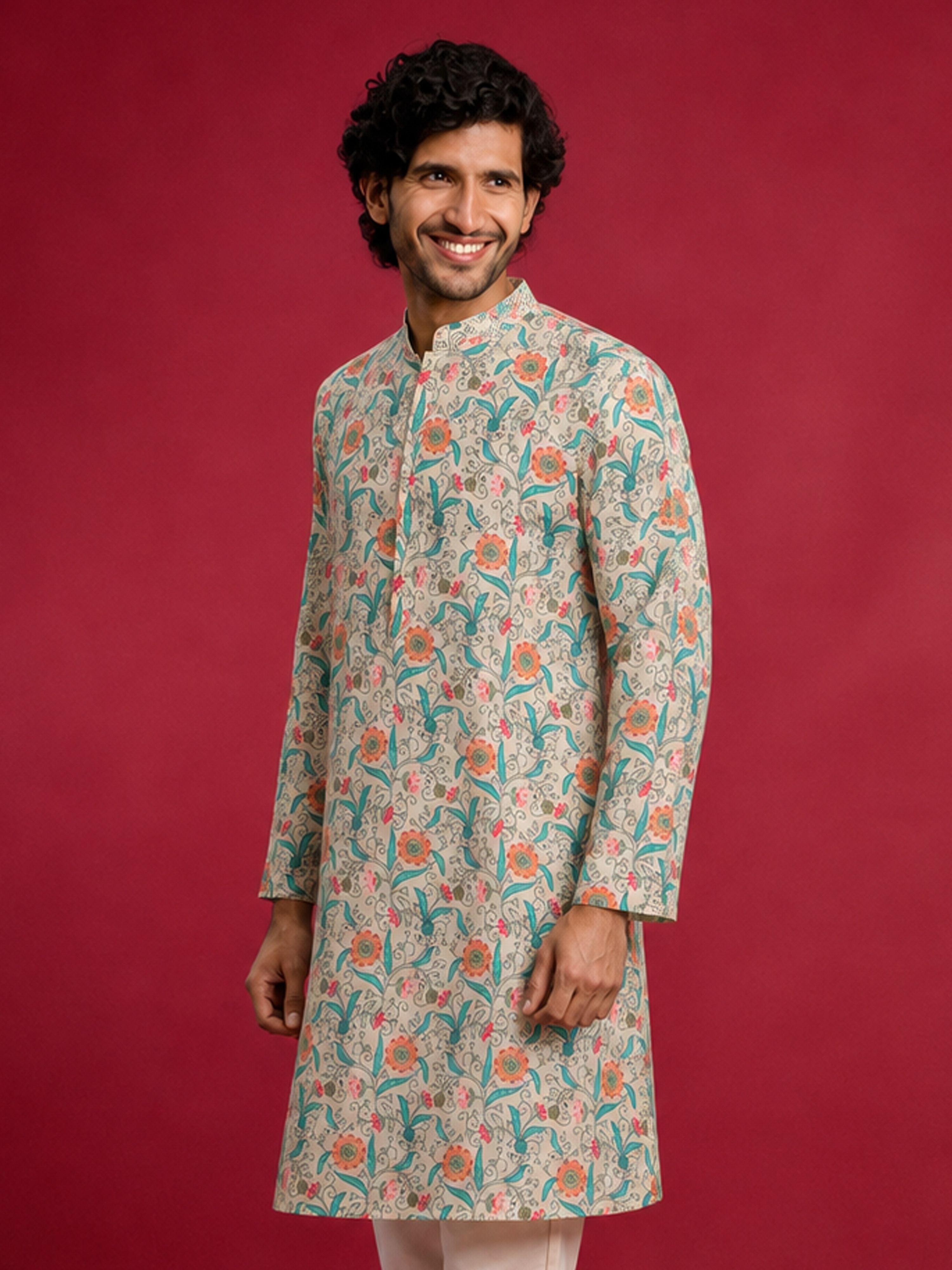 Men's Cream Cotton Digital Print Knee Length Kurta