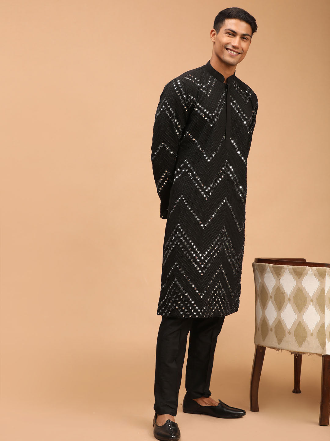Men Black Georgette Mirror Work Kurta with Fine Satin Pyjama Set