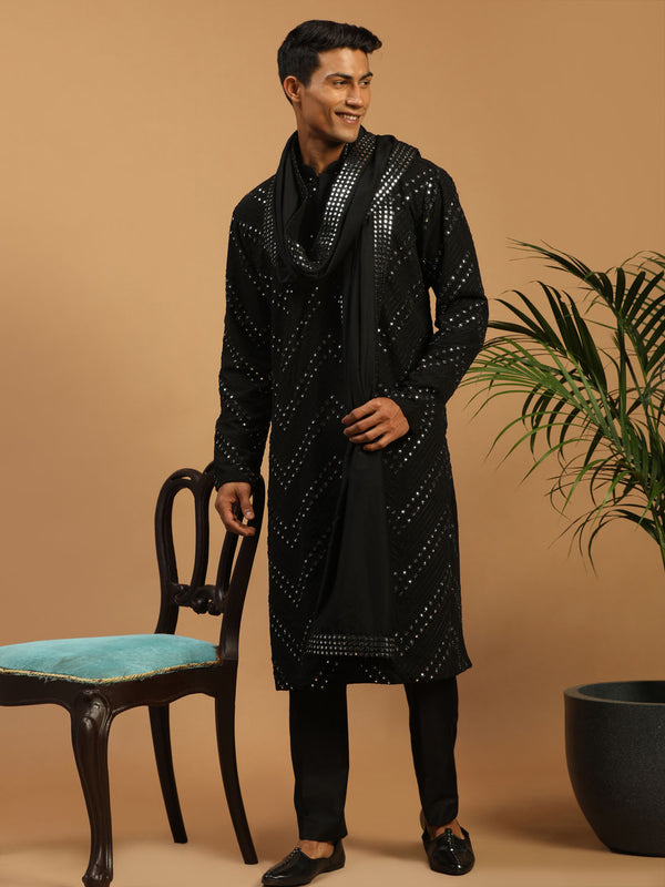 Men Black Mirror Work Georgette Kurta with Satin Pyjama & Mirror Work Dupatta Set