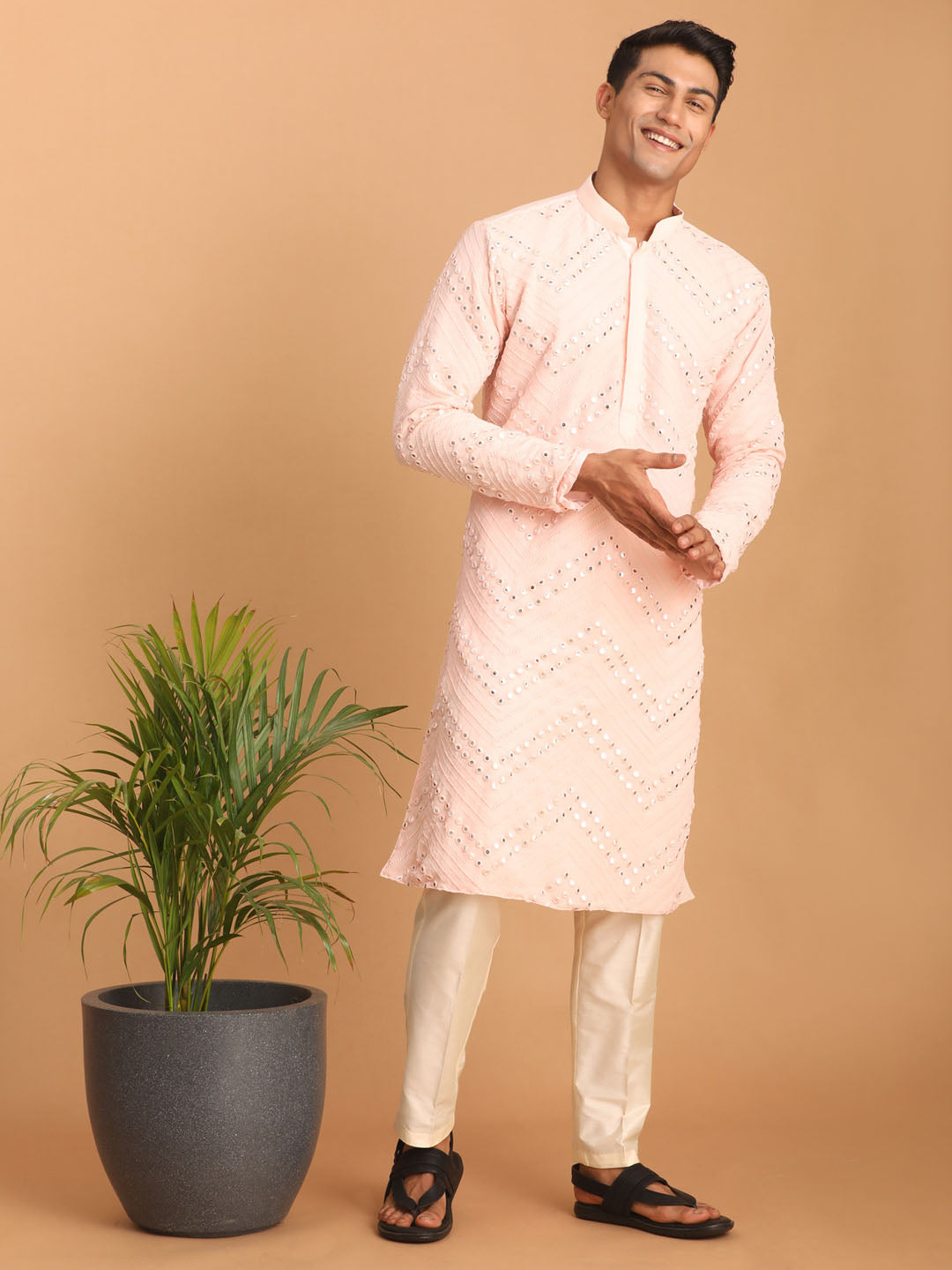 Men Pink Embroidered Georgette Kurta with Cream Pyjama Set