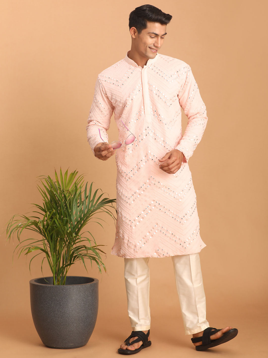 Men Pink Embroidered Georgette Kurta with Cream Pyjama Set
