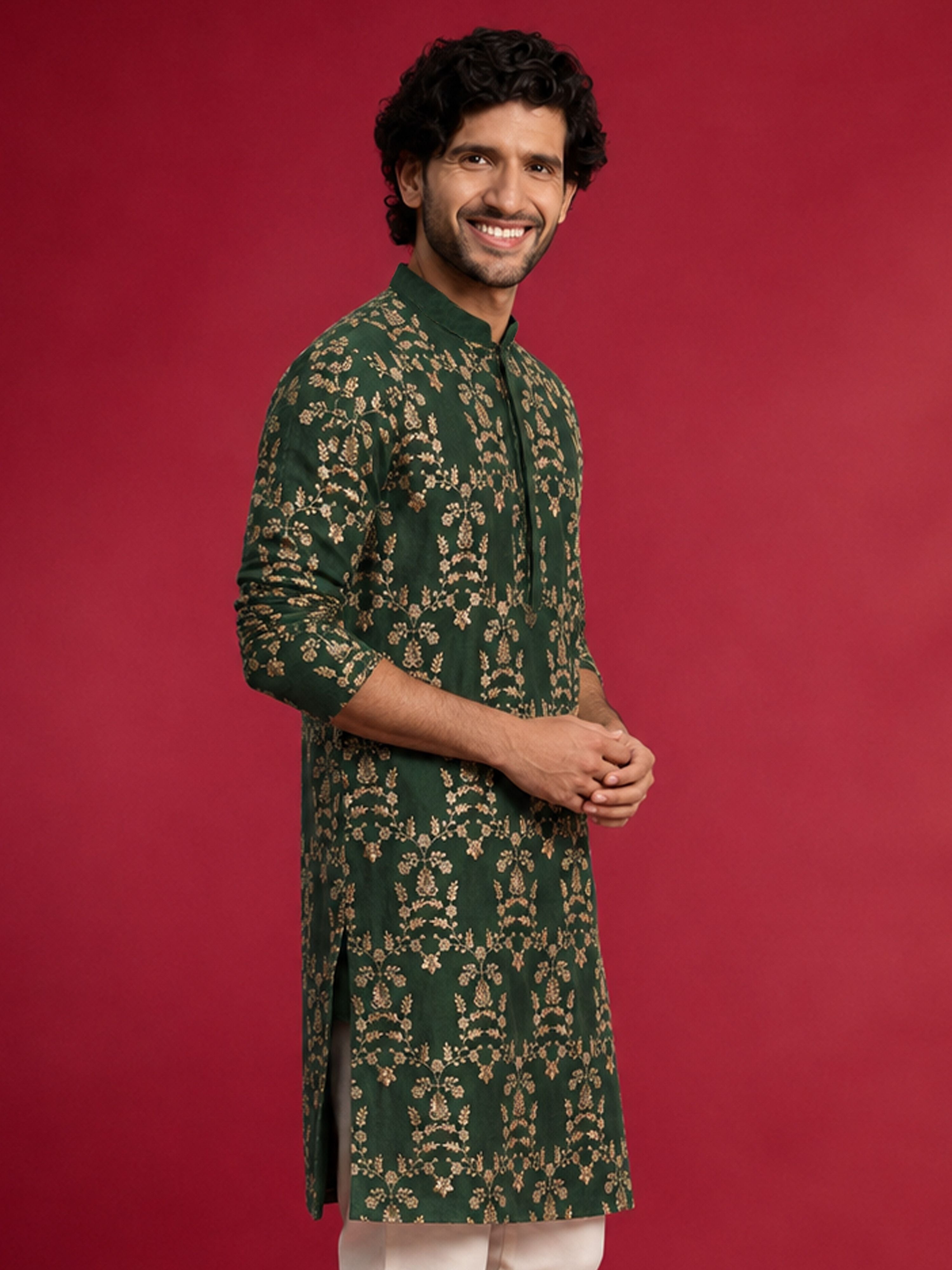 Men's Dark Green Silk-Blend Embroidered Knee Length Kurta