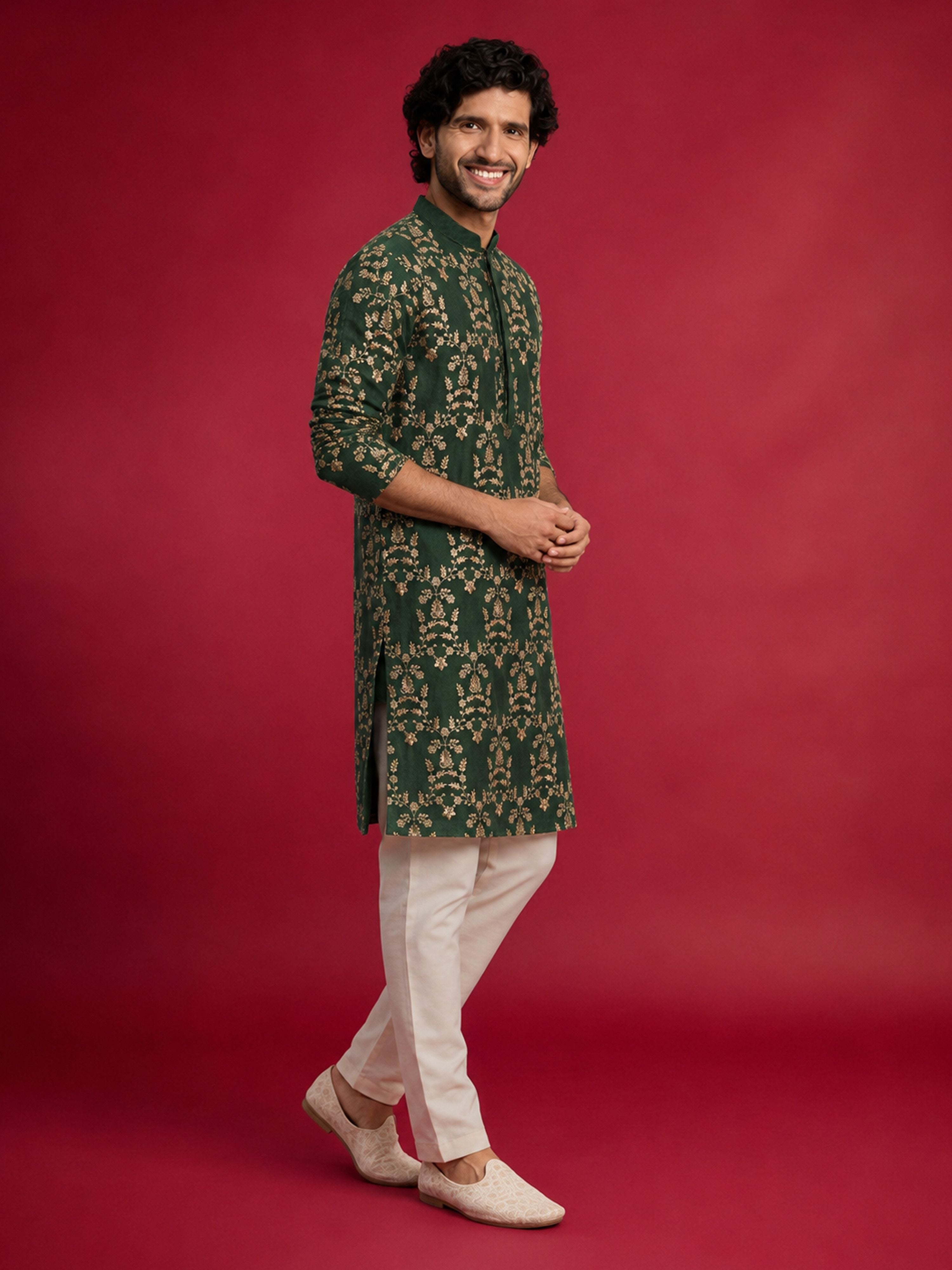 Men's Green Silk-Blend Embroidered Knee Length Kurta with Pyjama
