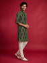 Men's Green Silk-Blend Embroidered Knee Length Kurta with Pyjama