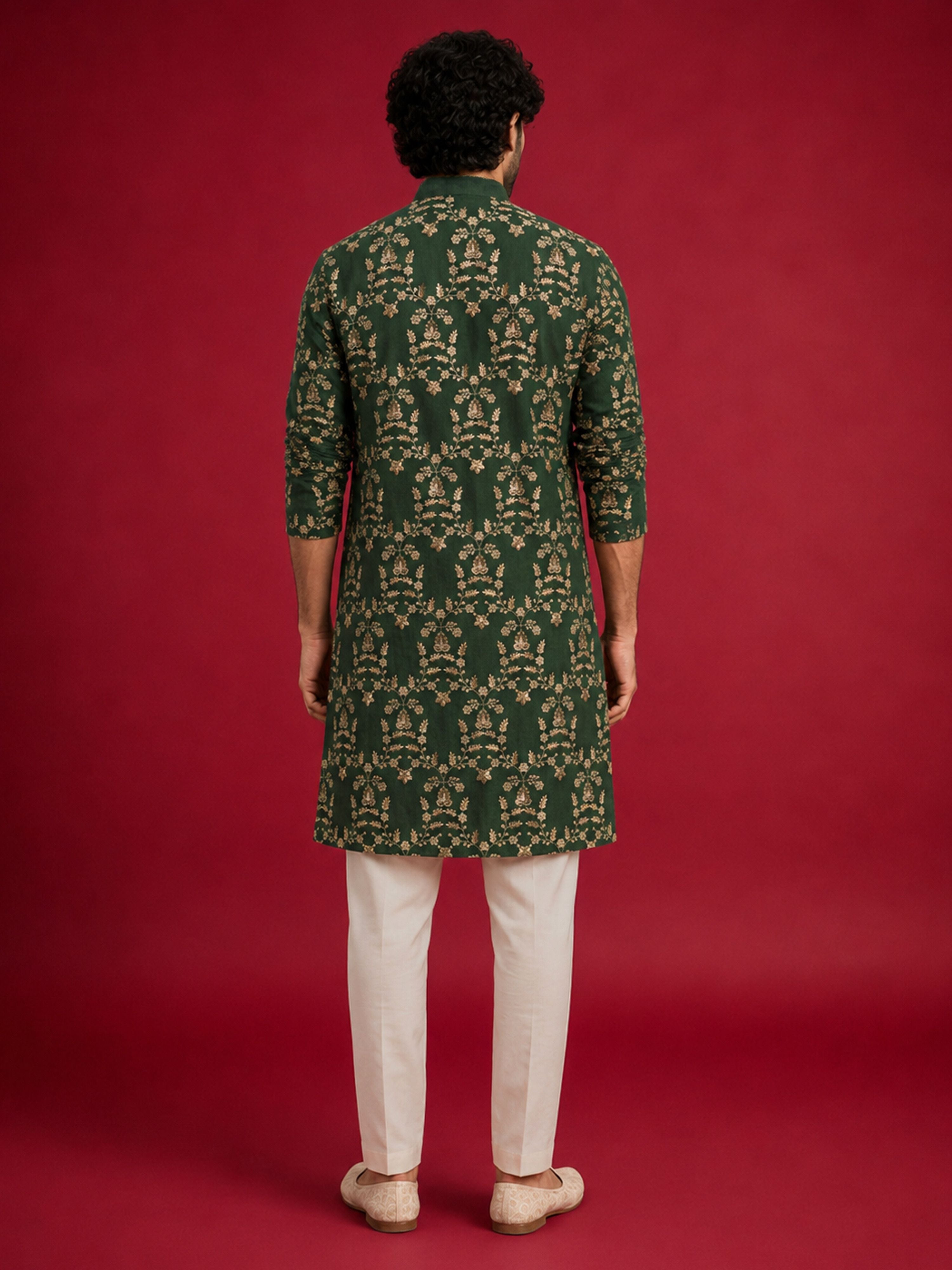 Men's Green Silk-Blend Embroidered Knee Length Kurta with Pyjama