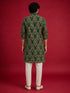 Men's Green Silk-Blend Embroidered Knee Length Kurta with Pyjama