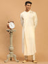 Men Cream Silk Blend Self Design Kurta with Pyjama Set