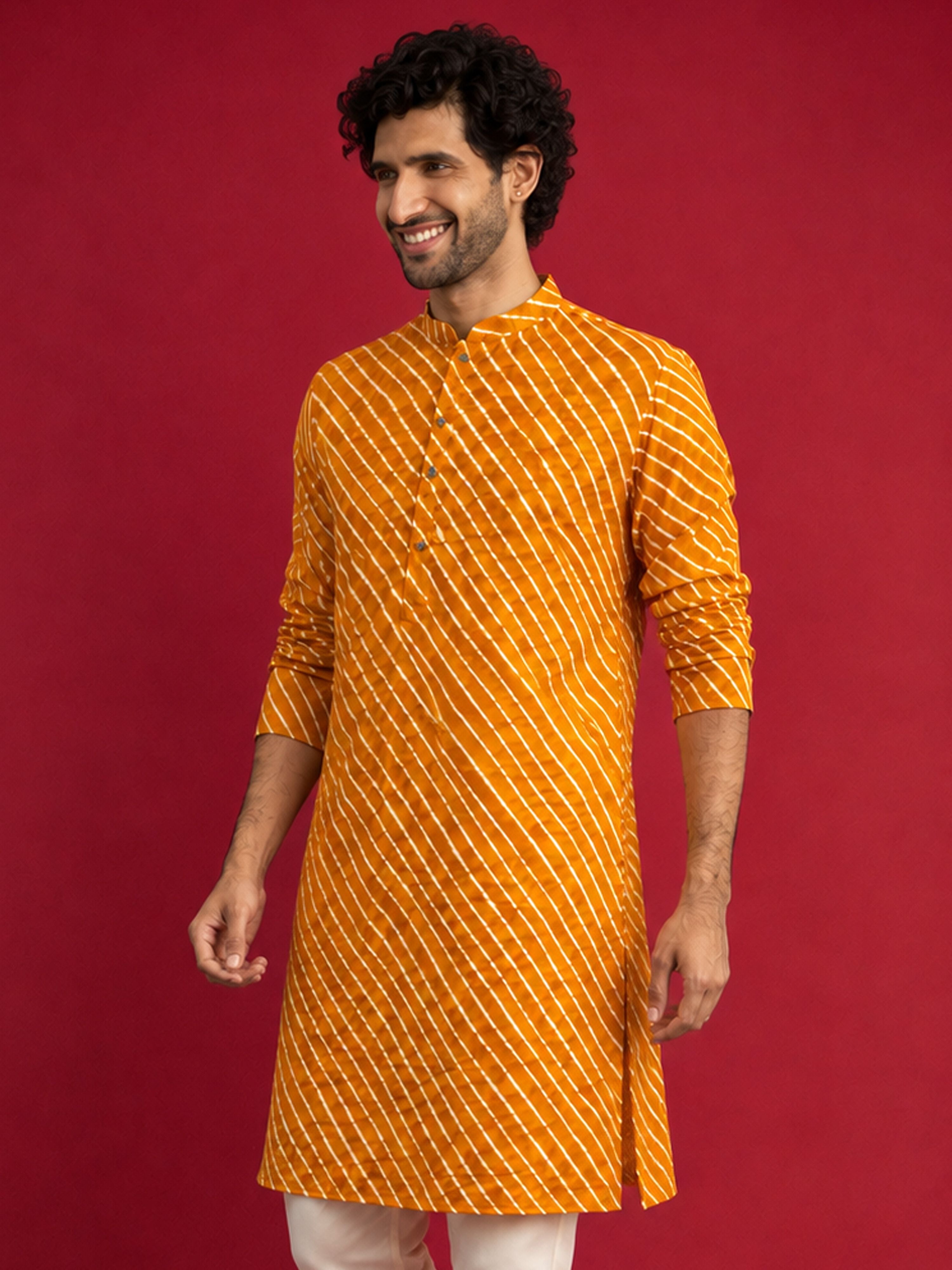 Men's Mustard Rayon Digital Print Knee Length Kurta