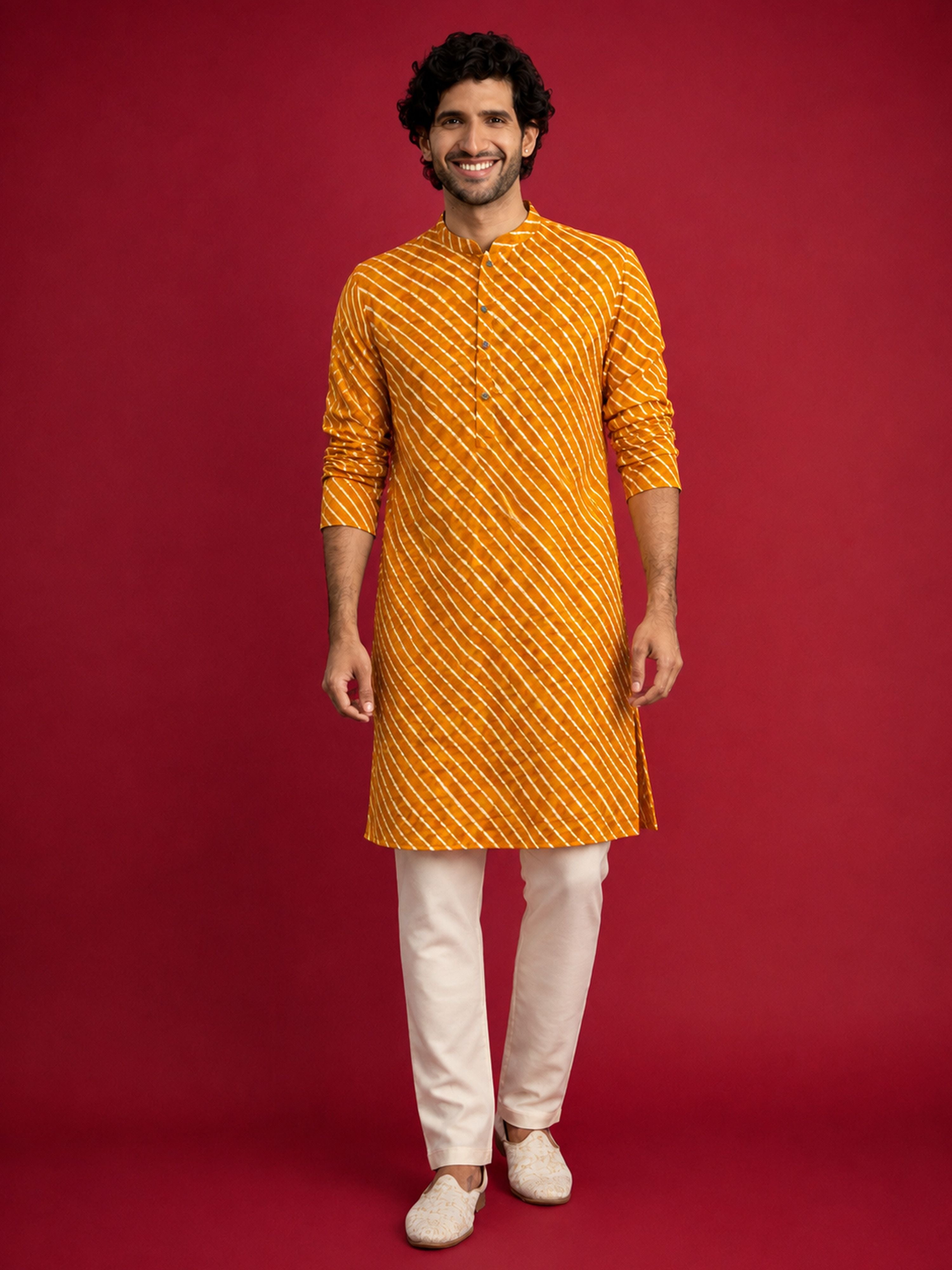 Men's Mustard Rayon Digital Print Knee Length Kurta with Pyjama