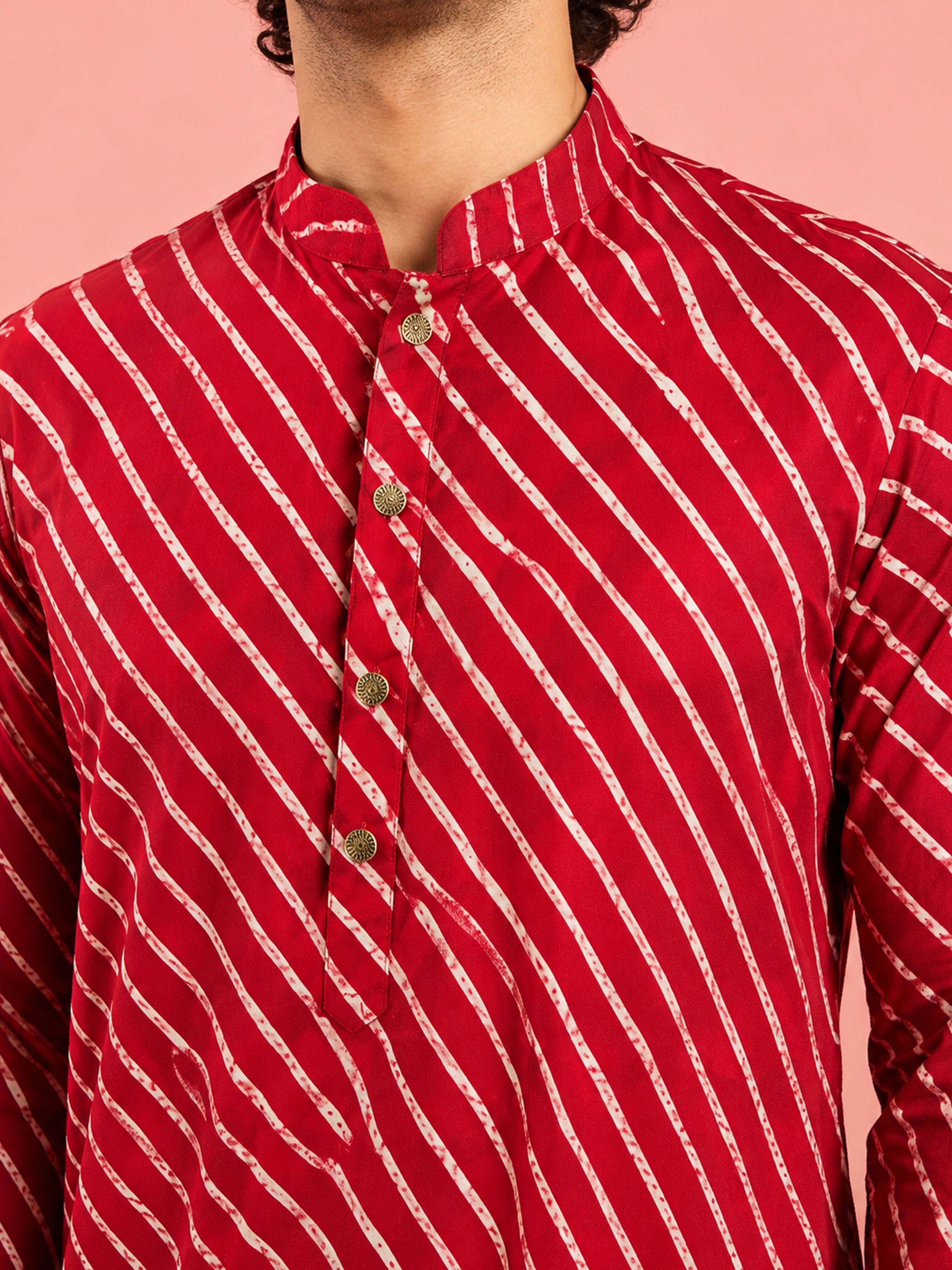 Men's Red Rayon Digital Print Knee Length Kurta