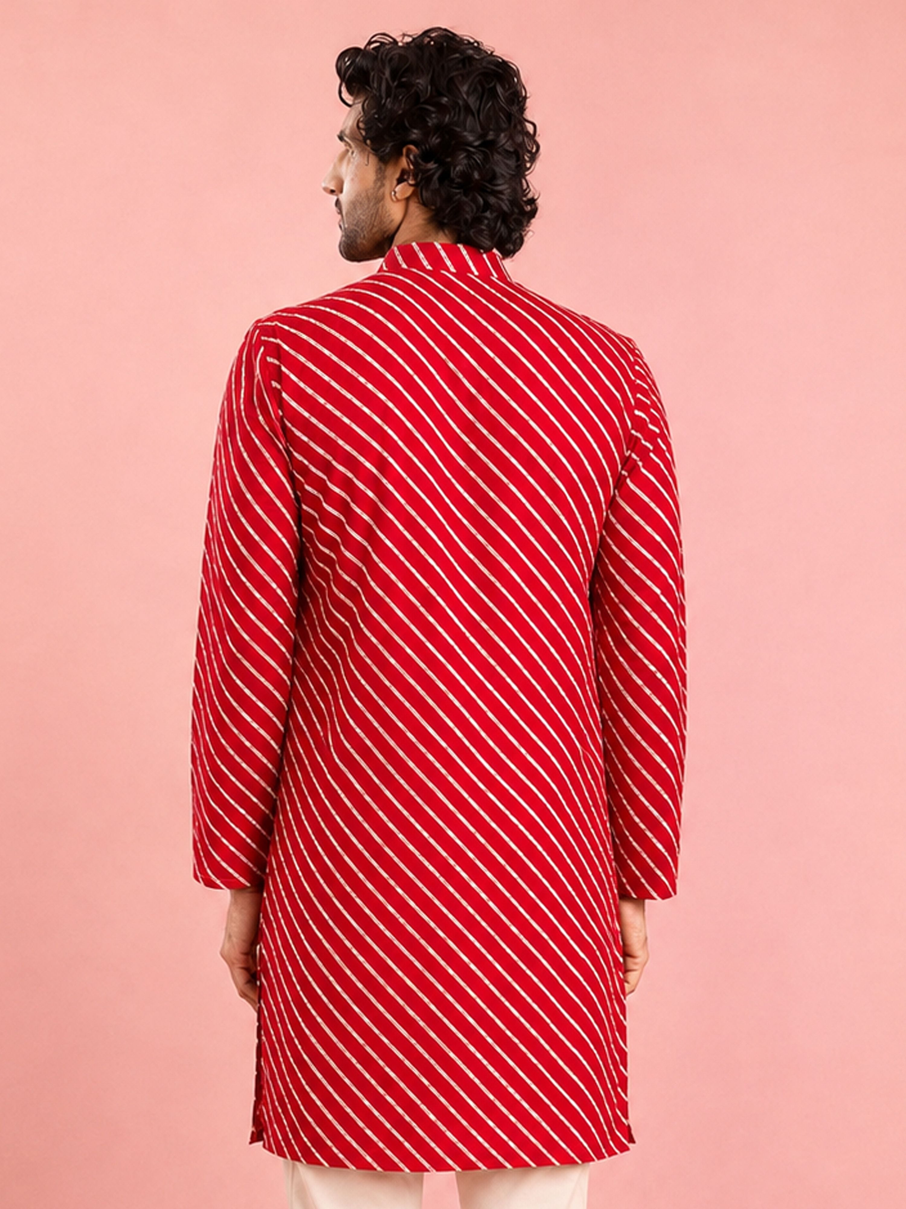 Men's Red Rayon Digital Print Knee Length Kurta