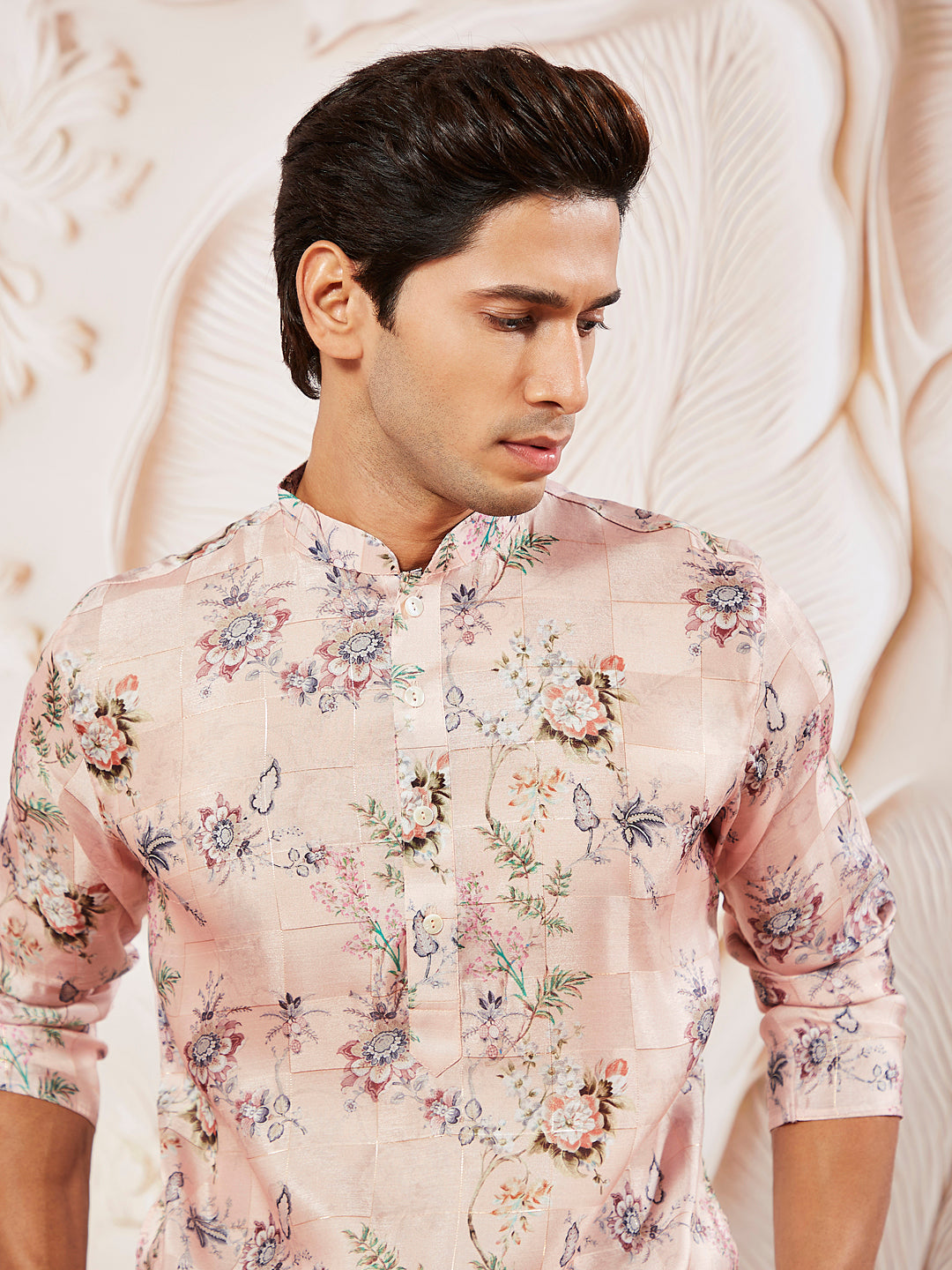 Men's Pink Floral Printed Silk Blend Kurta