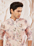 Men's Pink Floral Printed Silk Blend Kurta