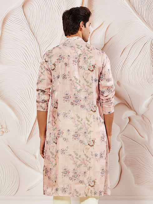 Men's Pink Floral Printed Silk Blend Kurta