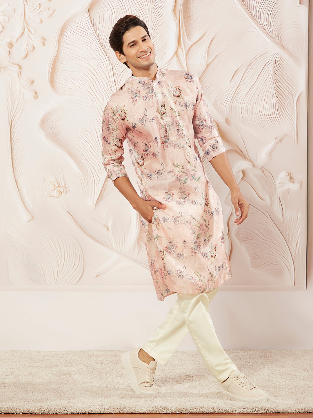 Men's Pink Floral Printed Silk Blend Kurta