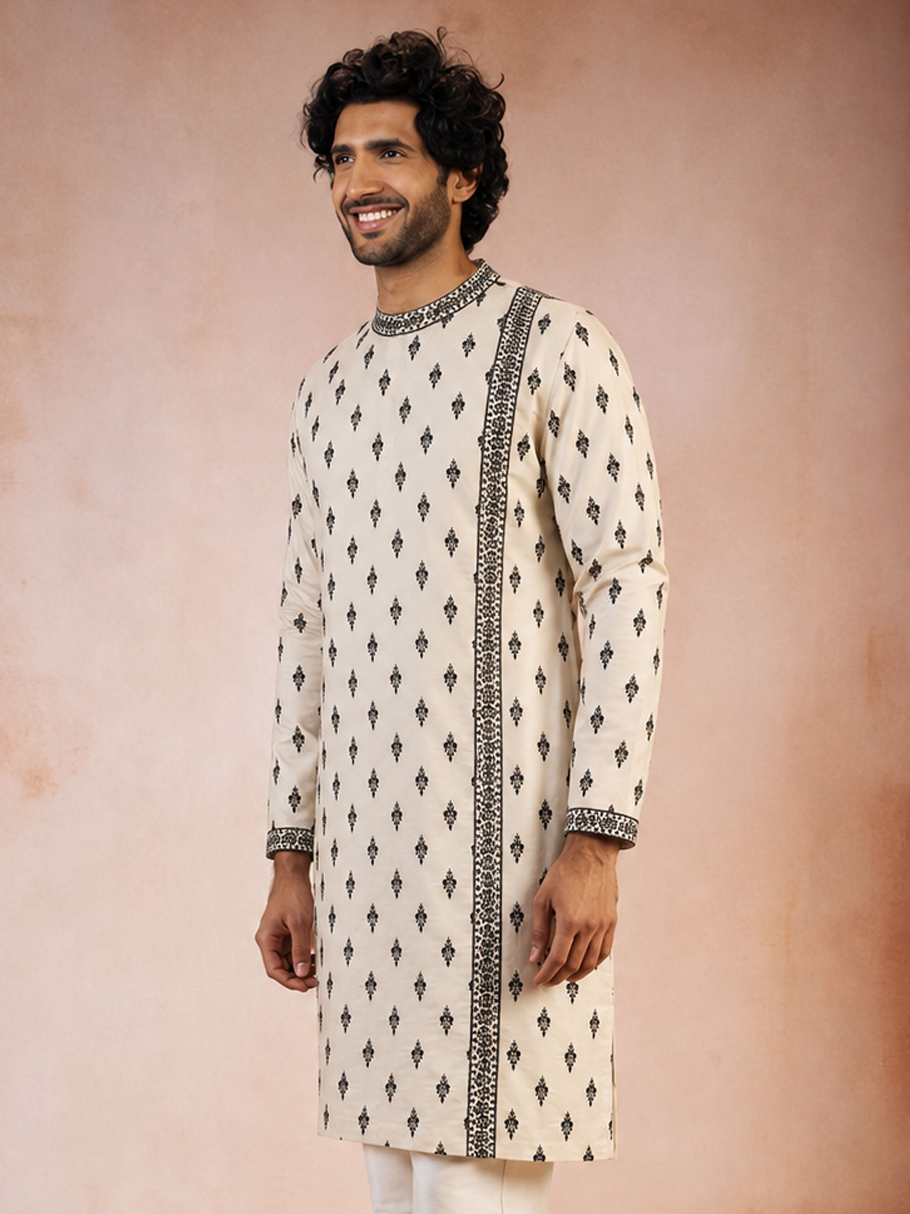 Men's Black Viscose Embroidered Knee Length Kurta