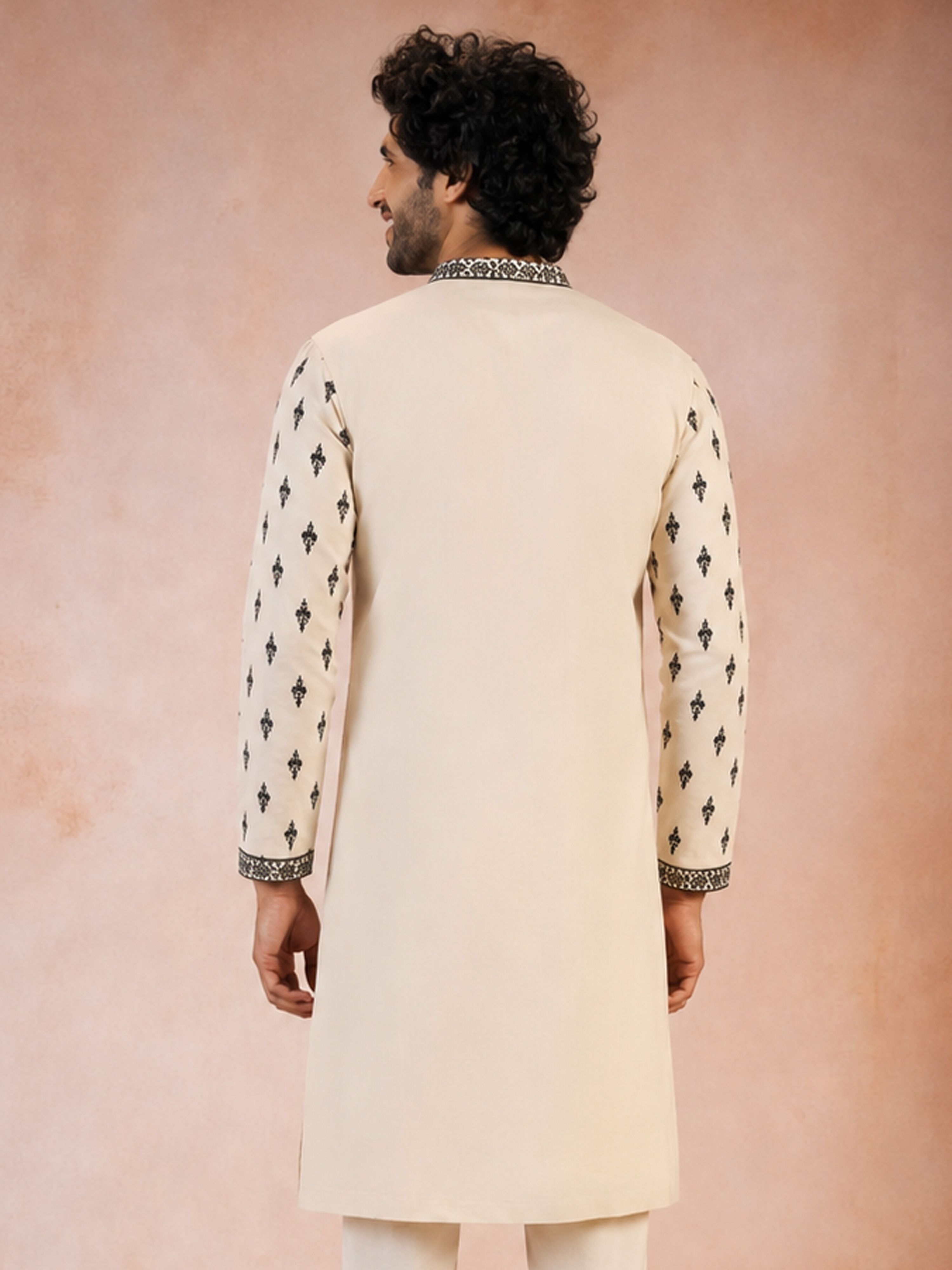 Men's Black Viscose Embroidered Knee Length Kurta