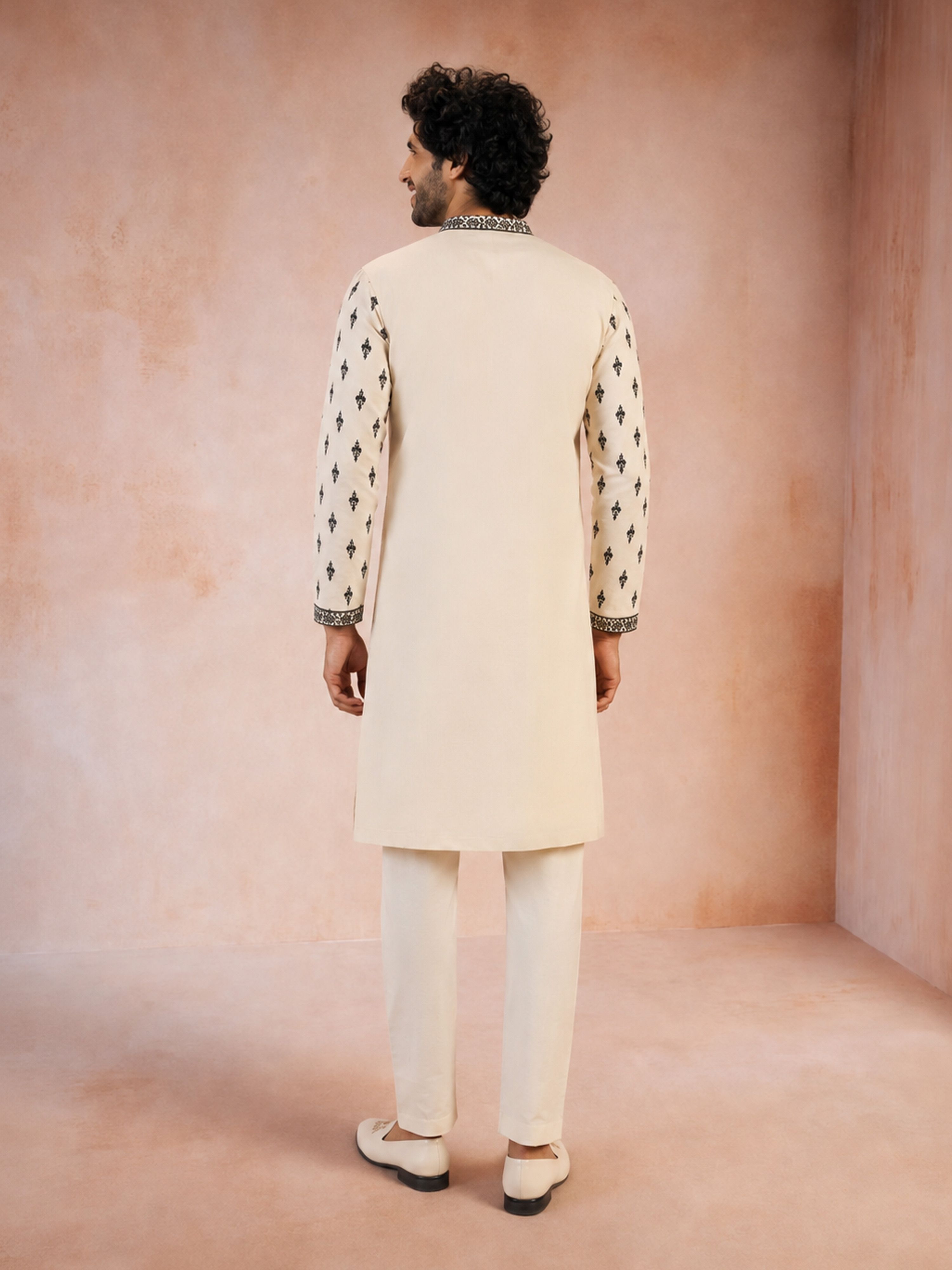 Men's Black Viscose Embroidered Knee Length Kurta with Pyjama