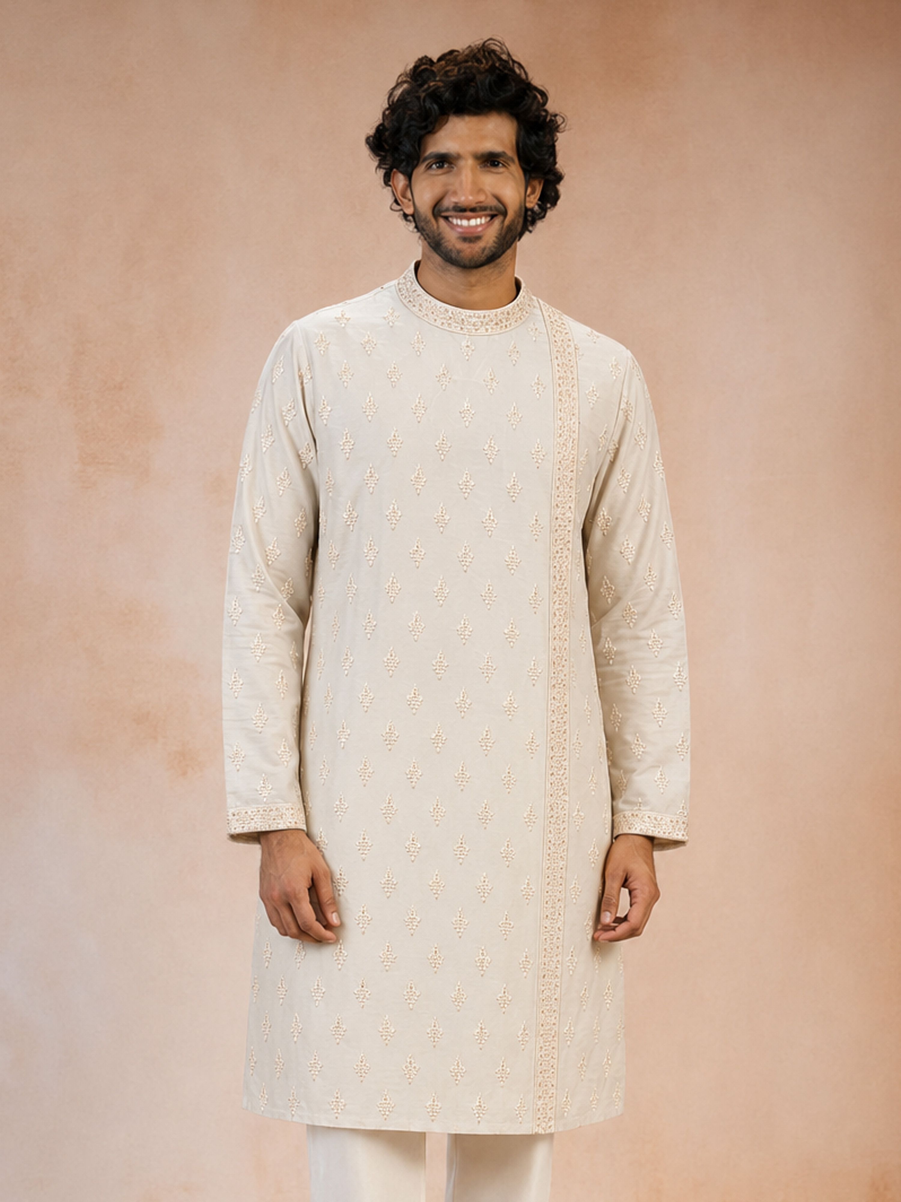 Men Cream Viscose Kurta Navratri, Diwali, All regions, Festive, Durga Puja Ethnic Wear