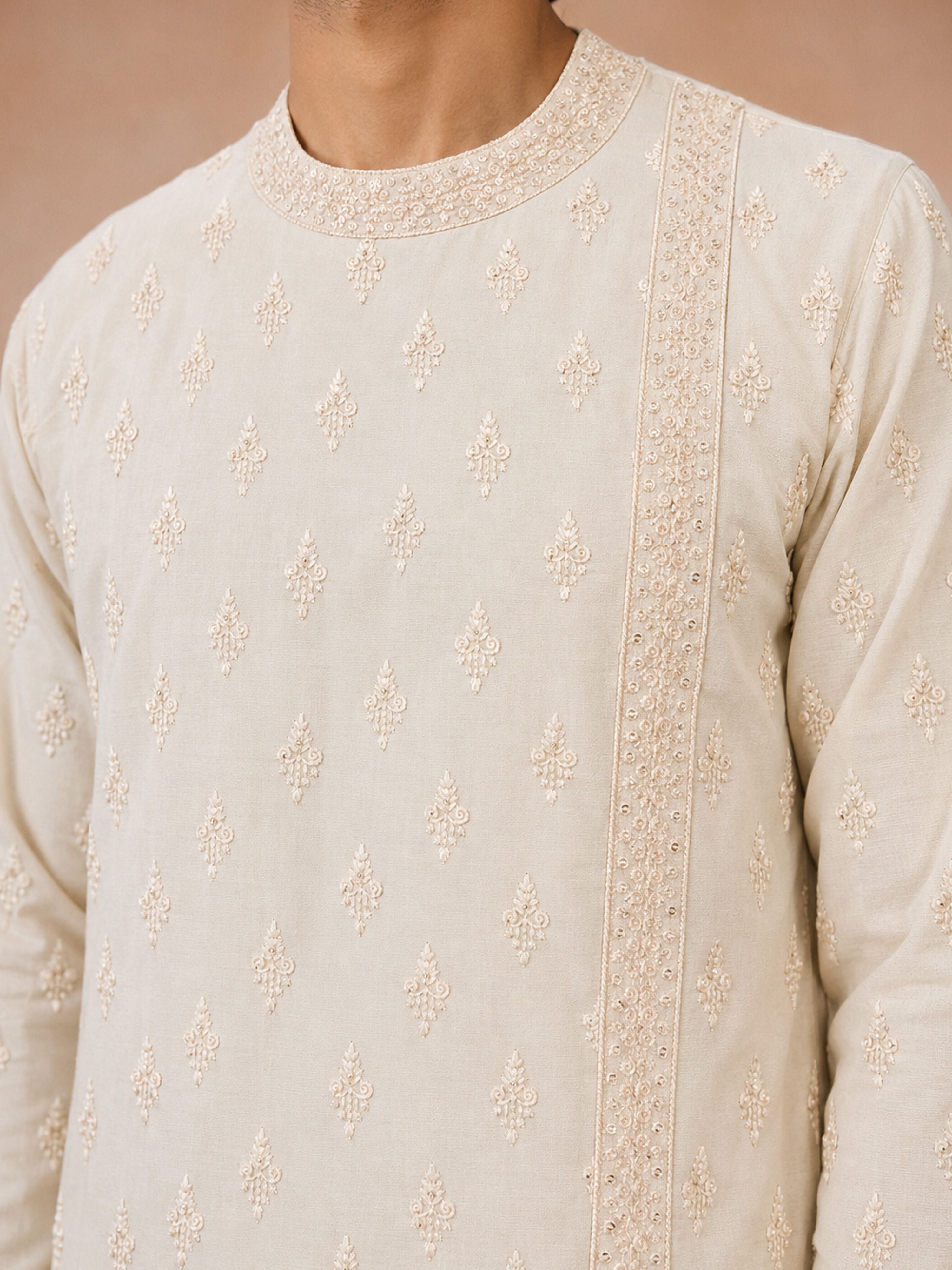 Men's Cream Viscose Embroidered Knee Length Kurta with Pyjama