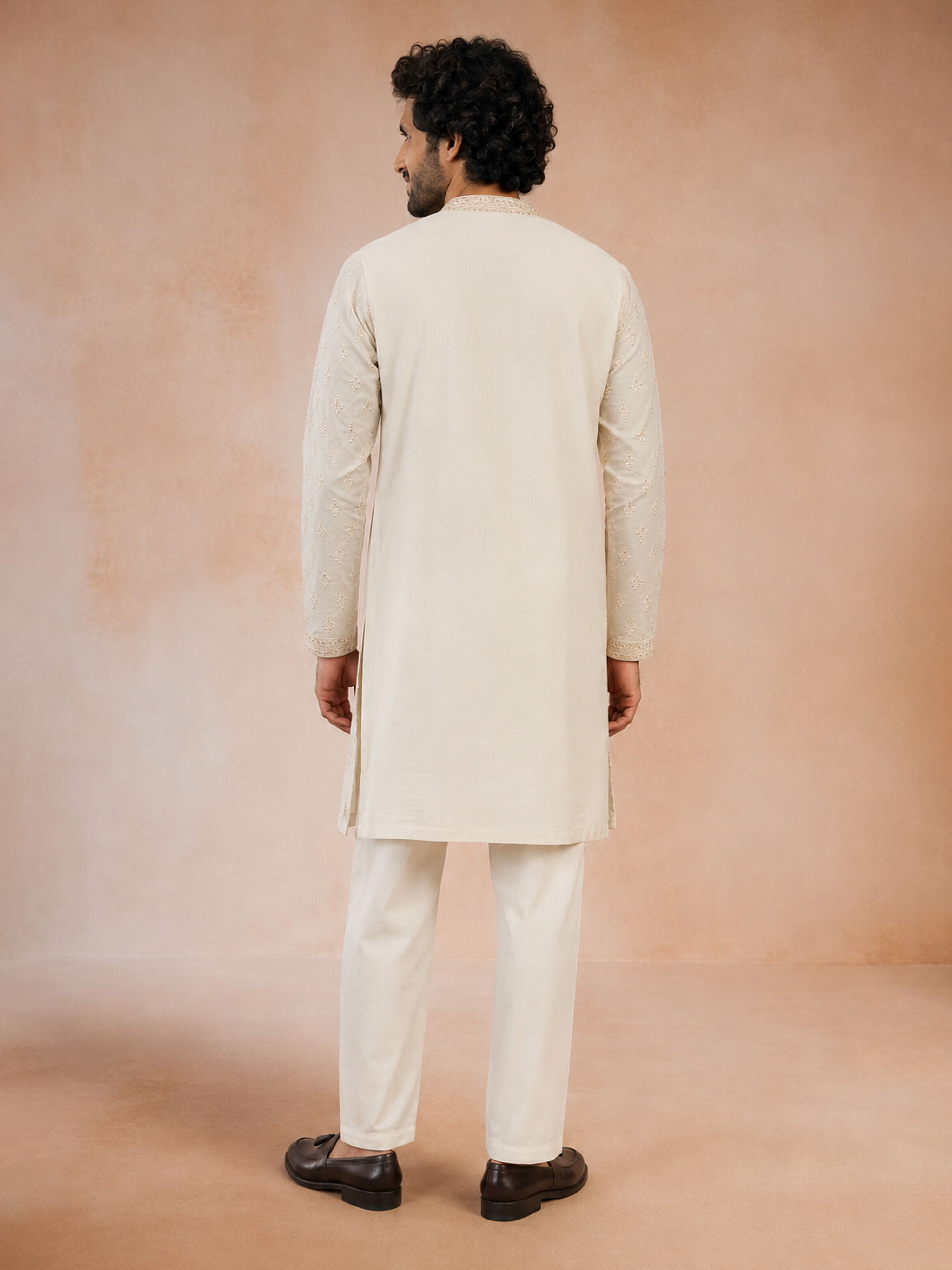 Men's Cream Viscose Embroidered Knee Length Kurta with Pyjama