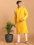 Men Yellow Embroidered Georgette Kurta with Cream Satin Pyjama Set
