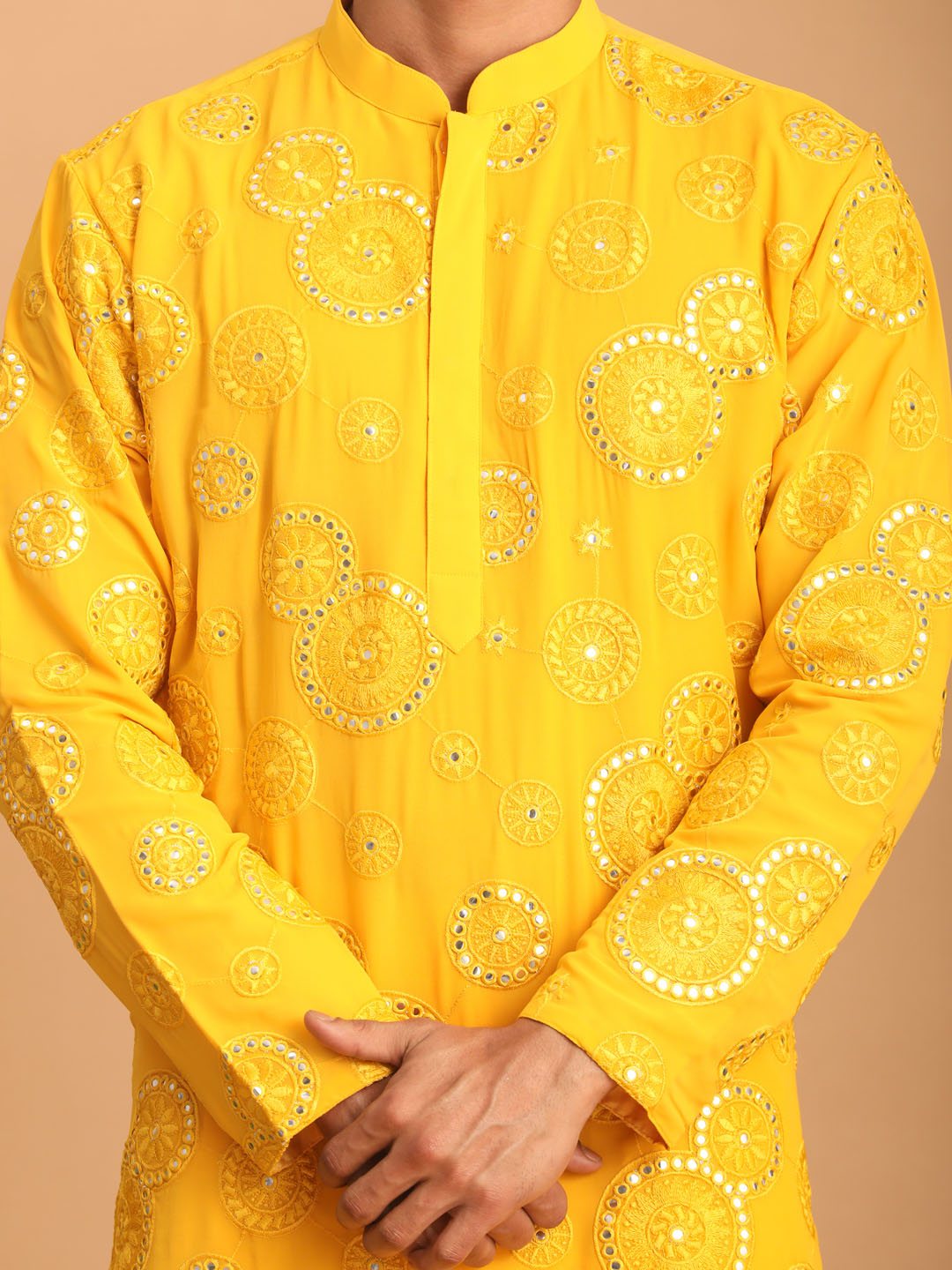 Men Yellow Embroidered Georgette Kurta with Cream Satin Pyjama Set
