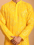 Men Yellow Embroidered Georgette Kurta with Cream Satin Pyjama Set