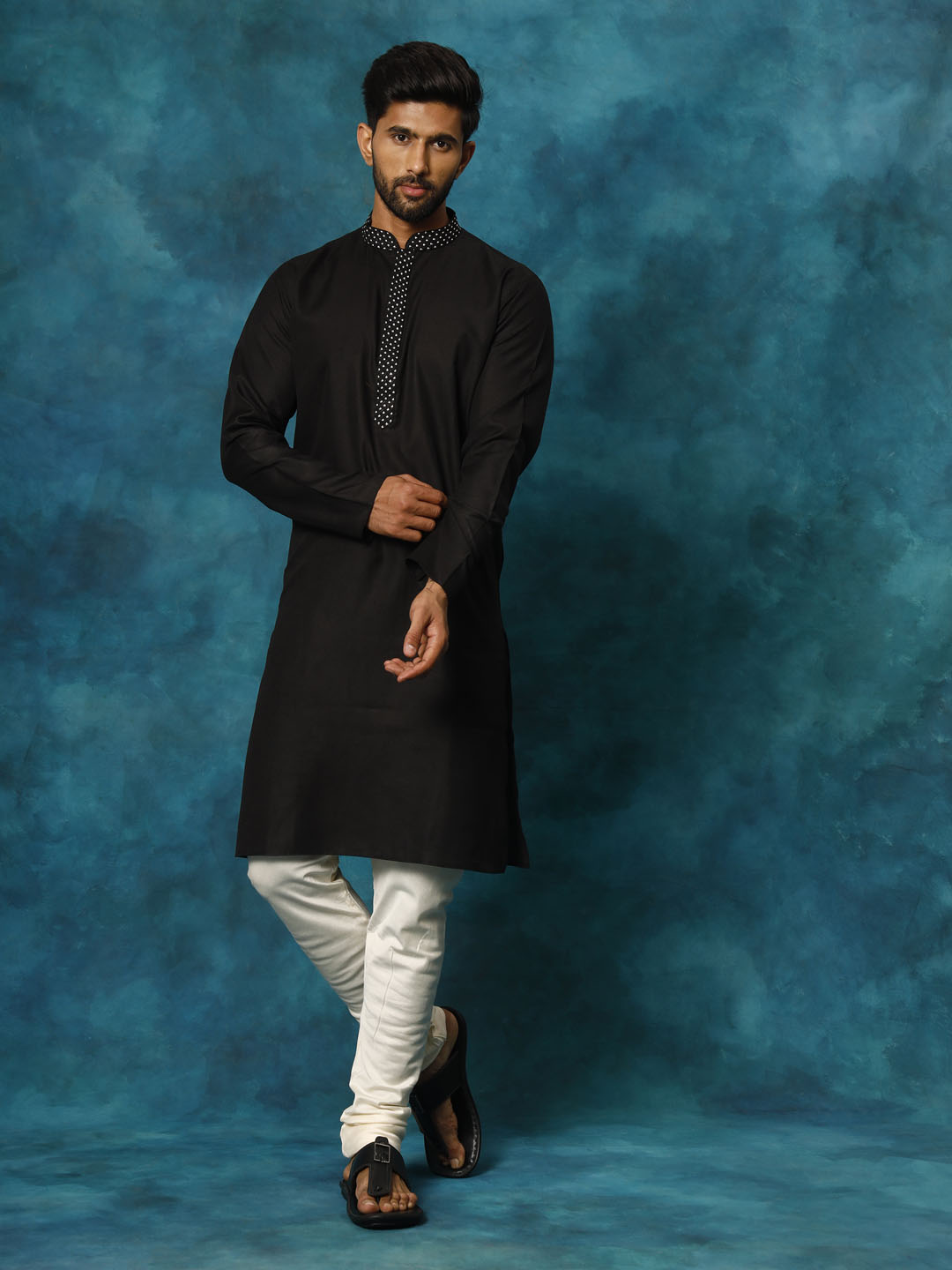 Men's Black And Cream Cotton Blend Kurta Pyjama Set