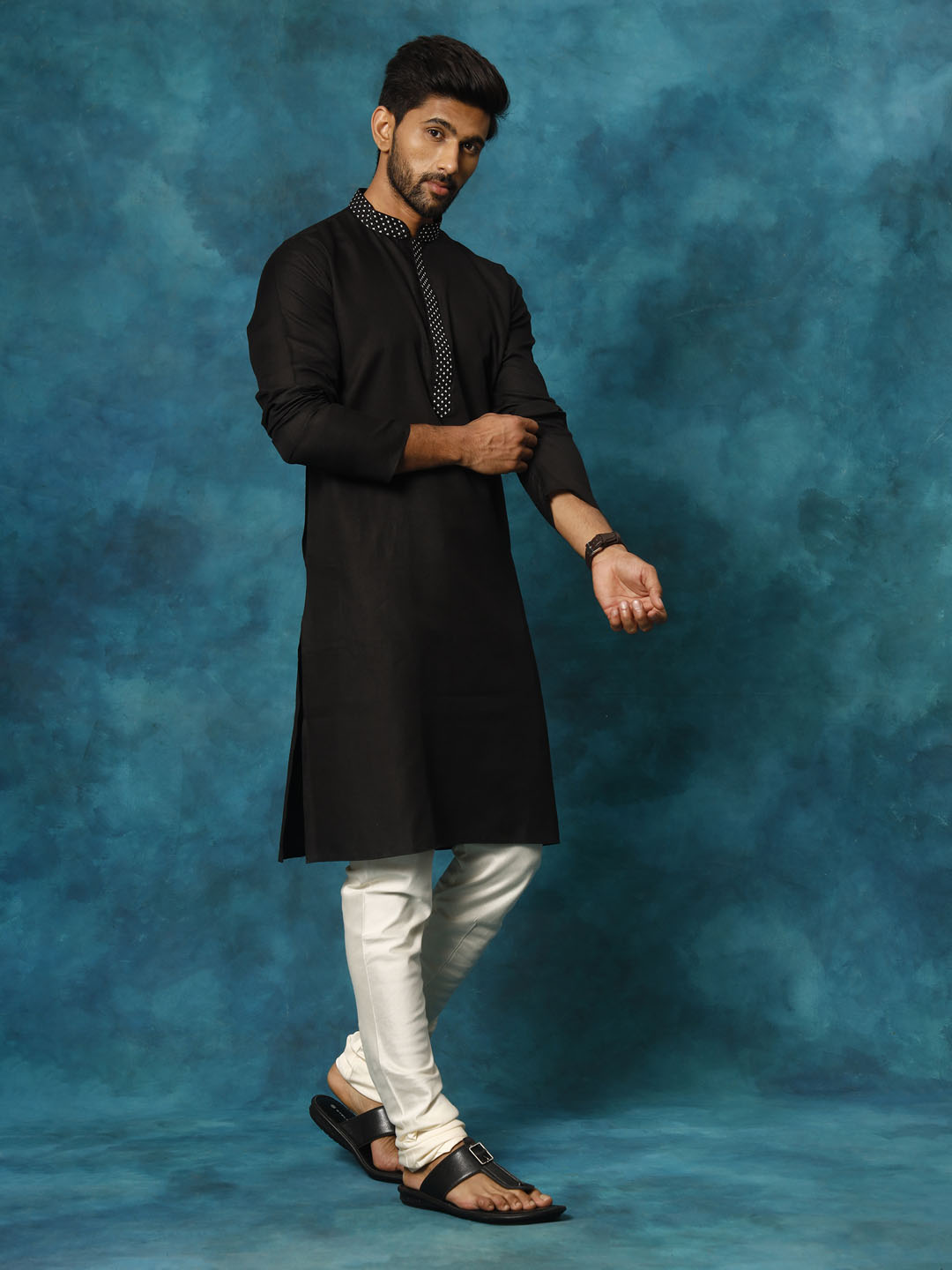 Men's Black And Cream Cotton Blend Kurta Pyjama Set