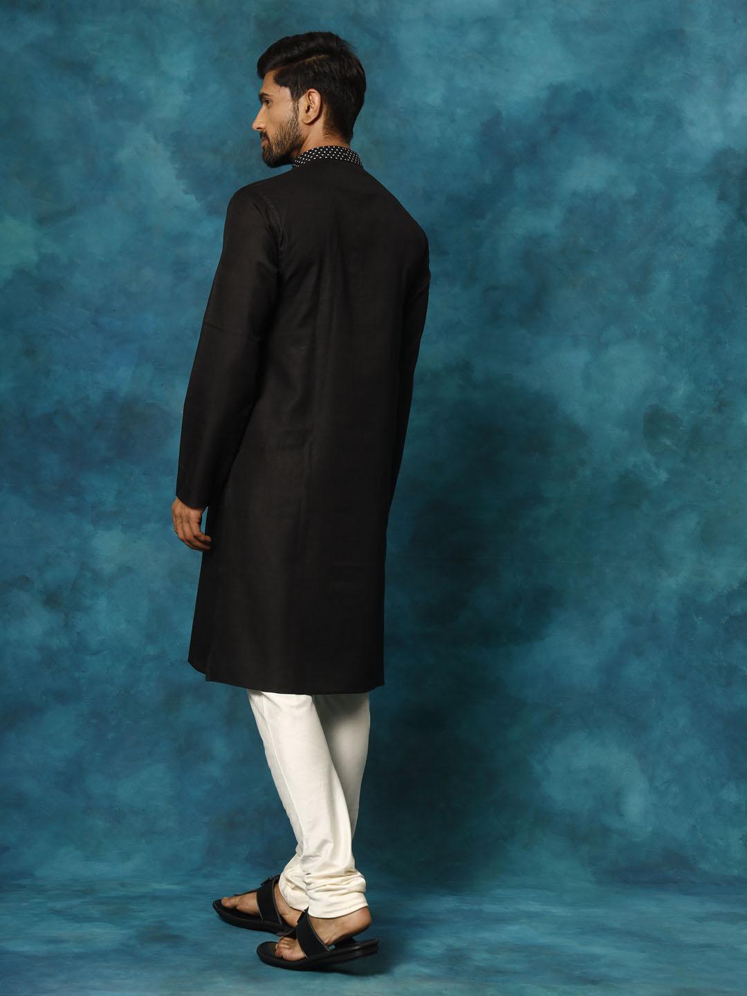 Men's Black And Cream Cotton Blend Kurta Pyjama Set