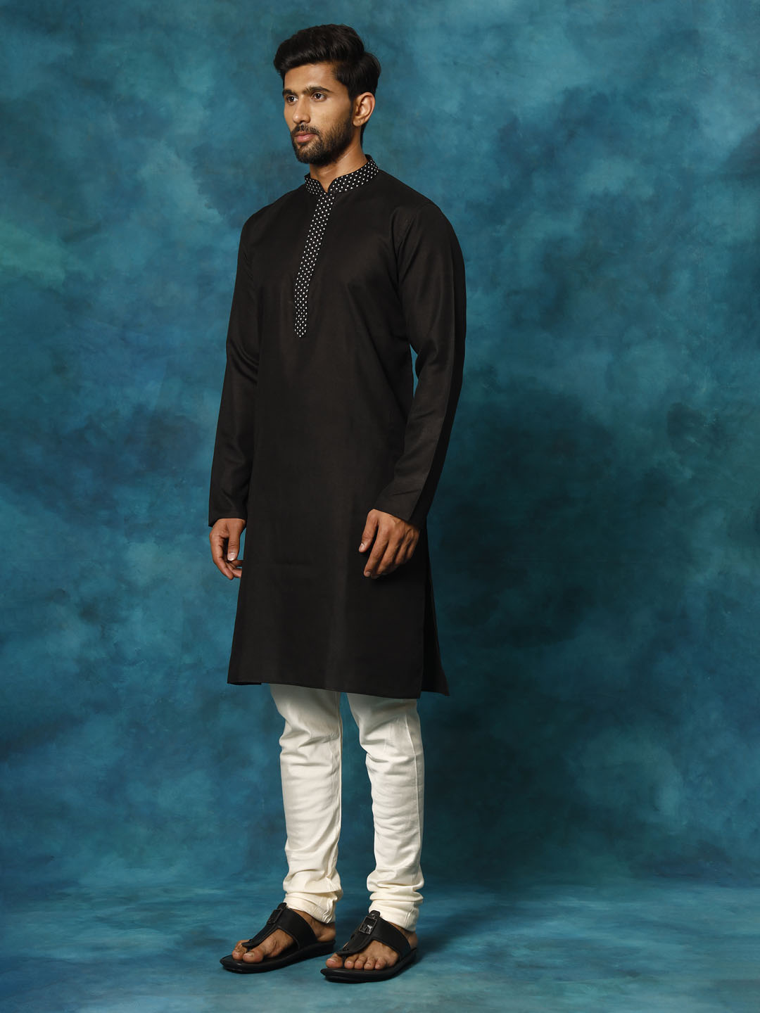 Men's Black And Cream Cotton Blend Kurta Pyjama Set