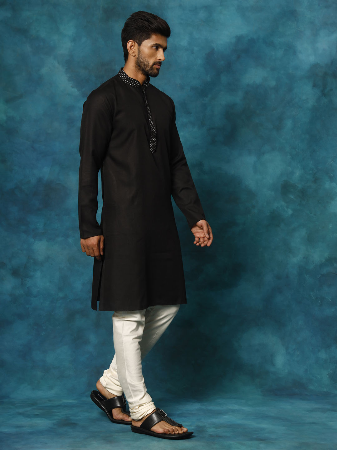 Men's Black And Cream Cotton Blend Kurta Pyjama Set