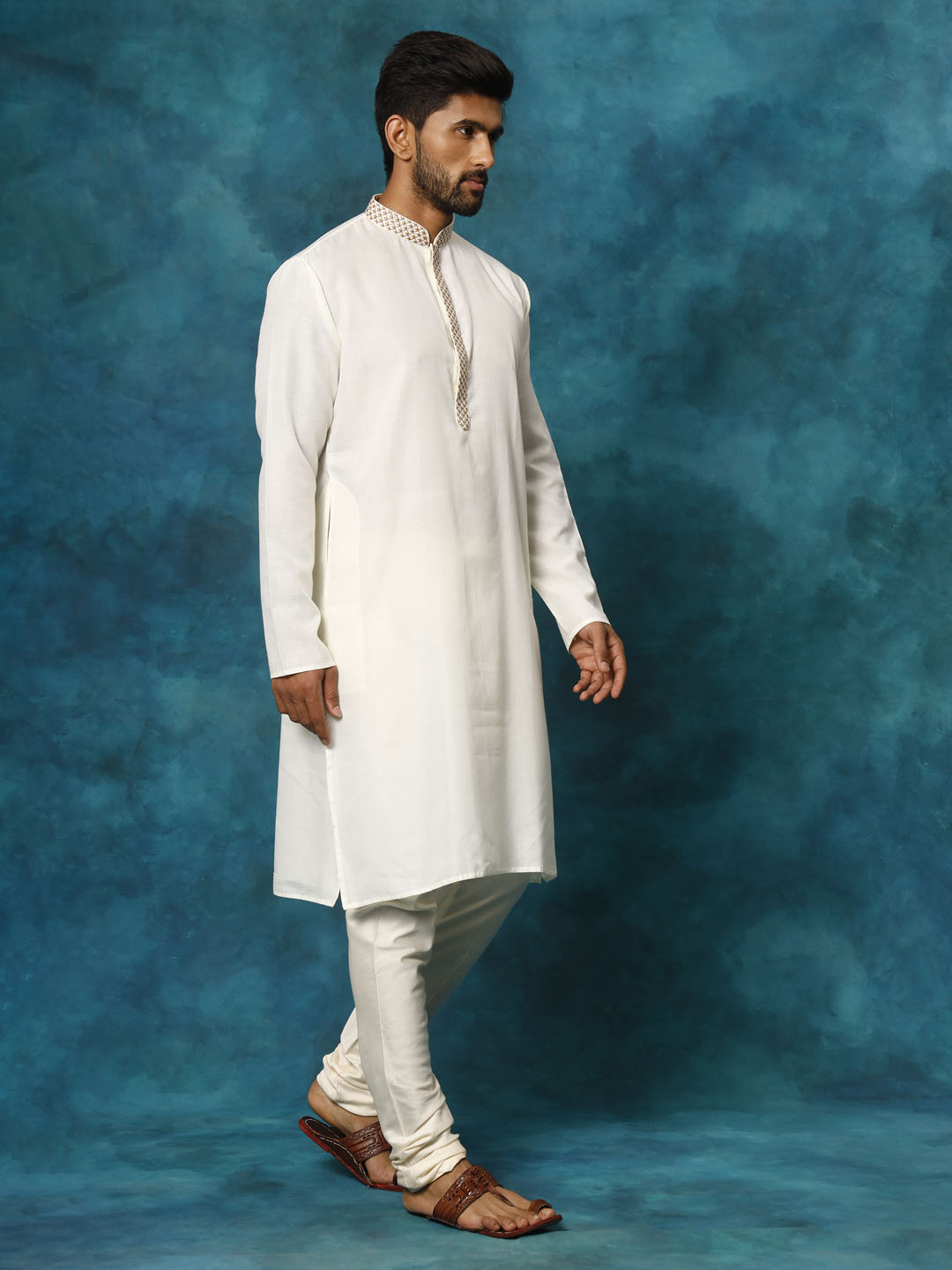 Men's Cream Cotton Blend Kurta Pyjama Set